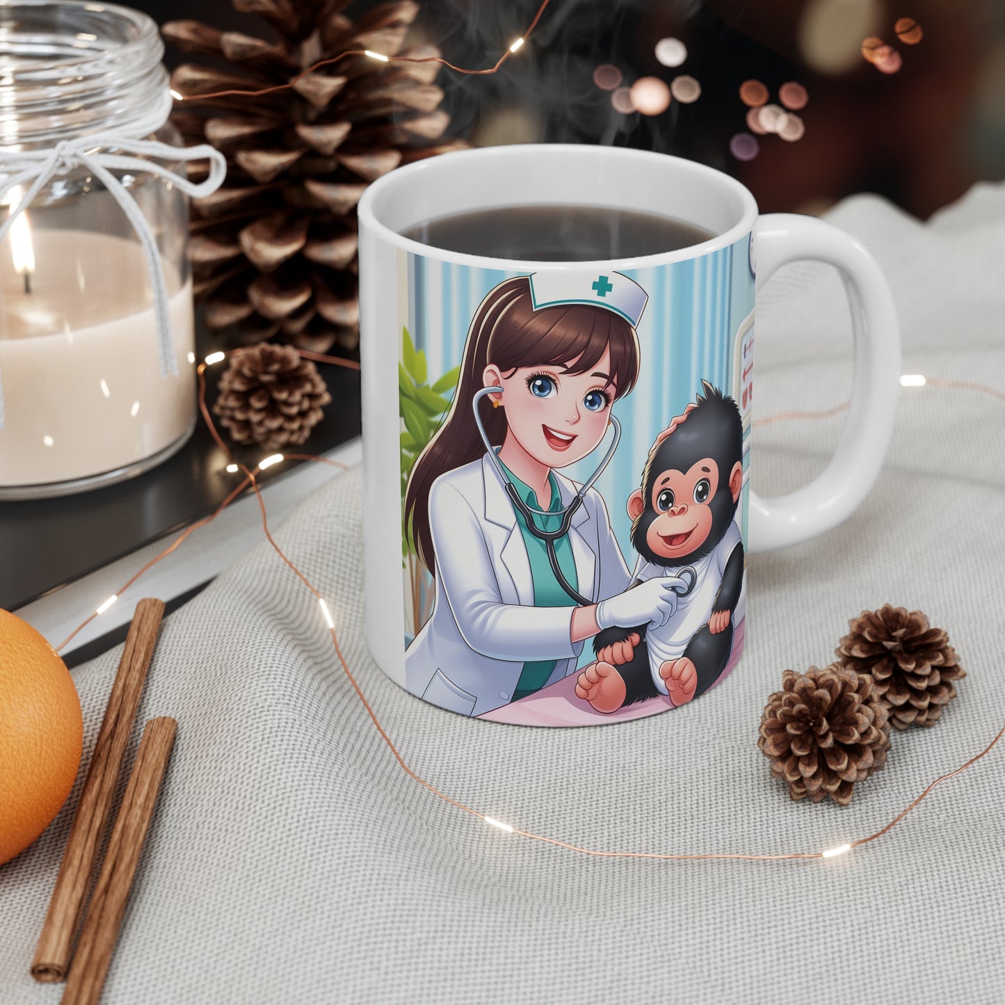 Cute Cartoon Nurse and Baby Monkey 11oz Mug