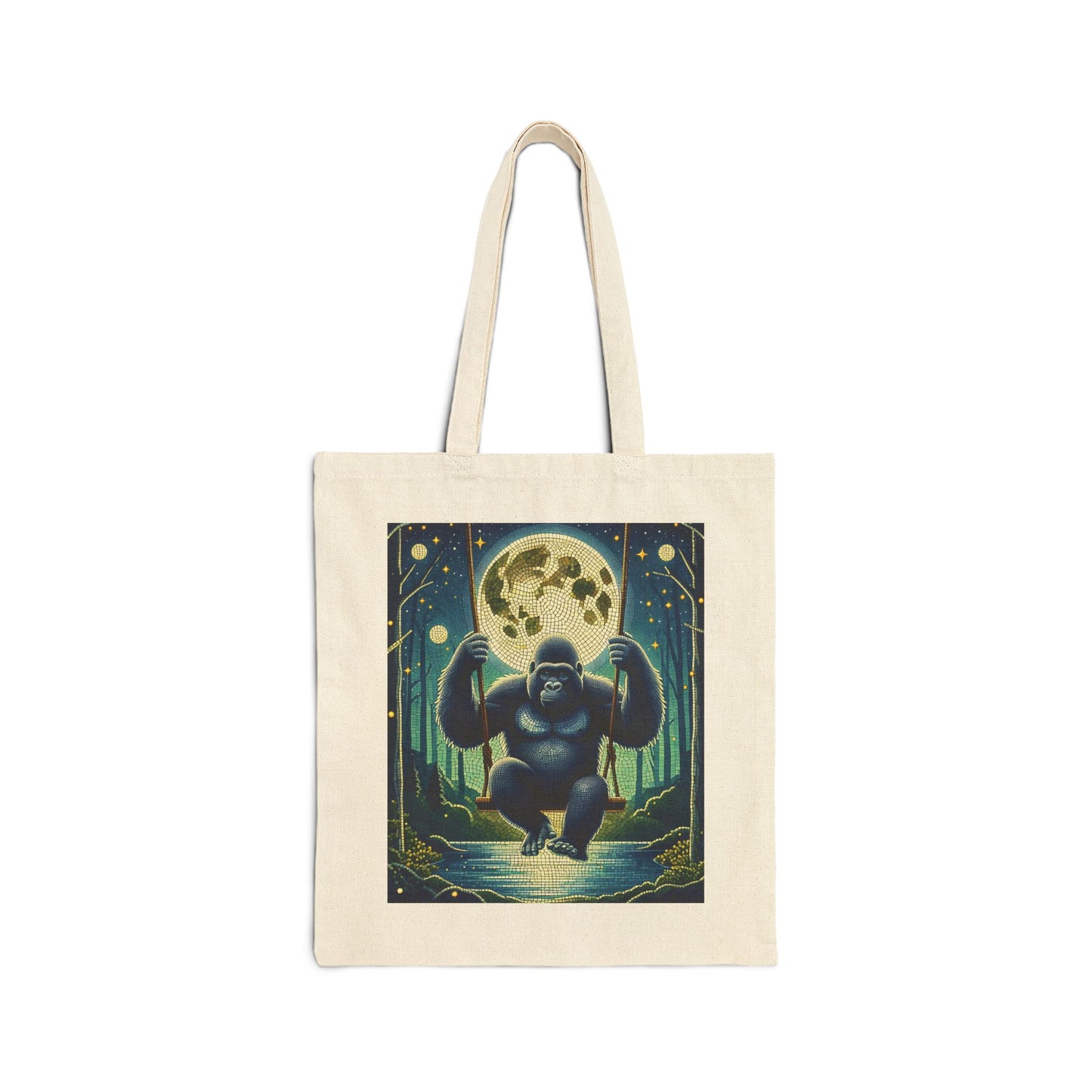 Embrace the mystical allure of the night with our Canvas Tote Bag featuring a mosaic style "Gorilla Swinging Under a Supermoon". This canvas tote bag is perfect for daily use. Ideal for wildlife, animal, art lover or gift it to someone who cherishes the beauty of the natural world. BUY NOW! (SK Superb)