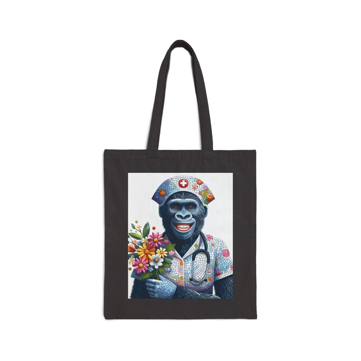 Celebrate the confidence of dedicated nurses with our mosaic style "Cheerful Gorilla Nurse" Canvas Tote Bag. The gorilla's cheerful expression symbolizes the caring spirit of human nurses. A fun and creative bag for nurses, animal lovers, and anyone who appreciates distinctive art. BUY NOW! (SK Superb)