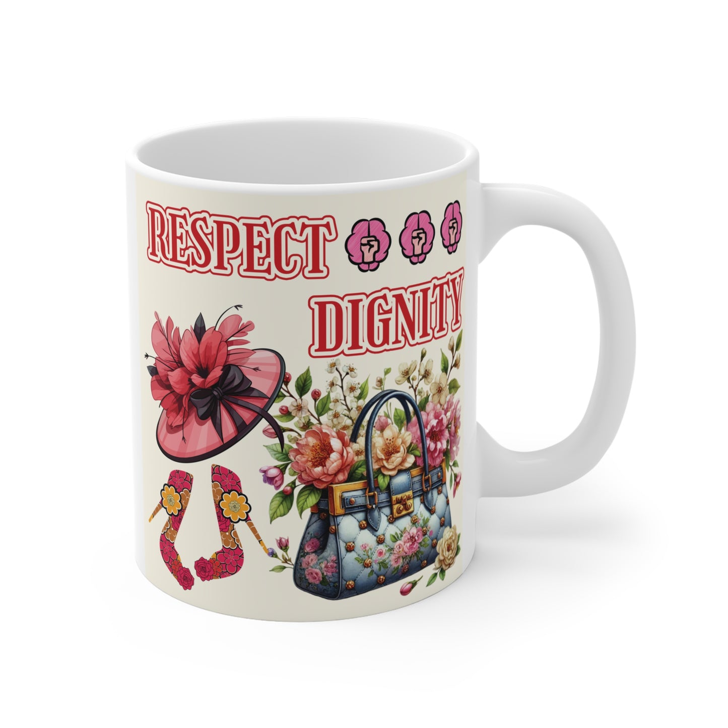 Celebrate empowerment and style with our "Respect & Dignity" 11oz mug. An inspiring gift for women, fashion lovers, birthdays, special occasions. BUY NOW!