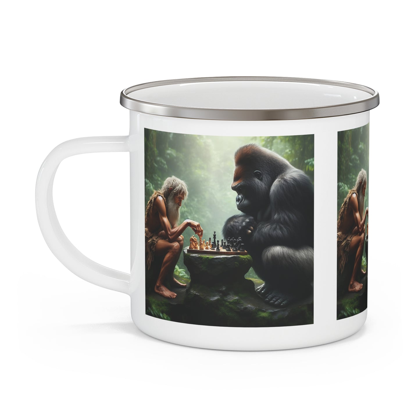 Gorilla and Caveman Chess Players Enamel Camping Mug