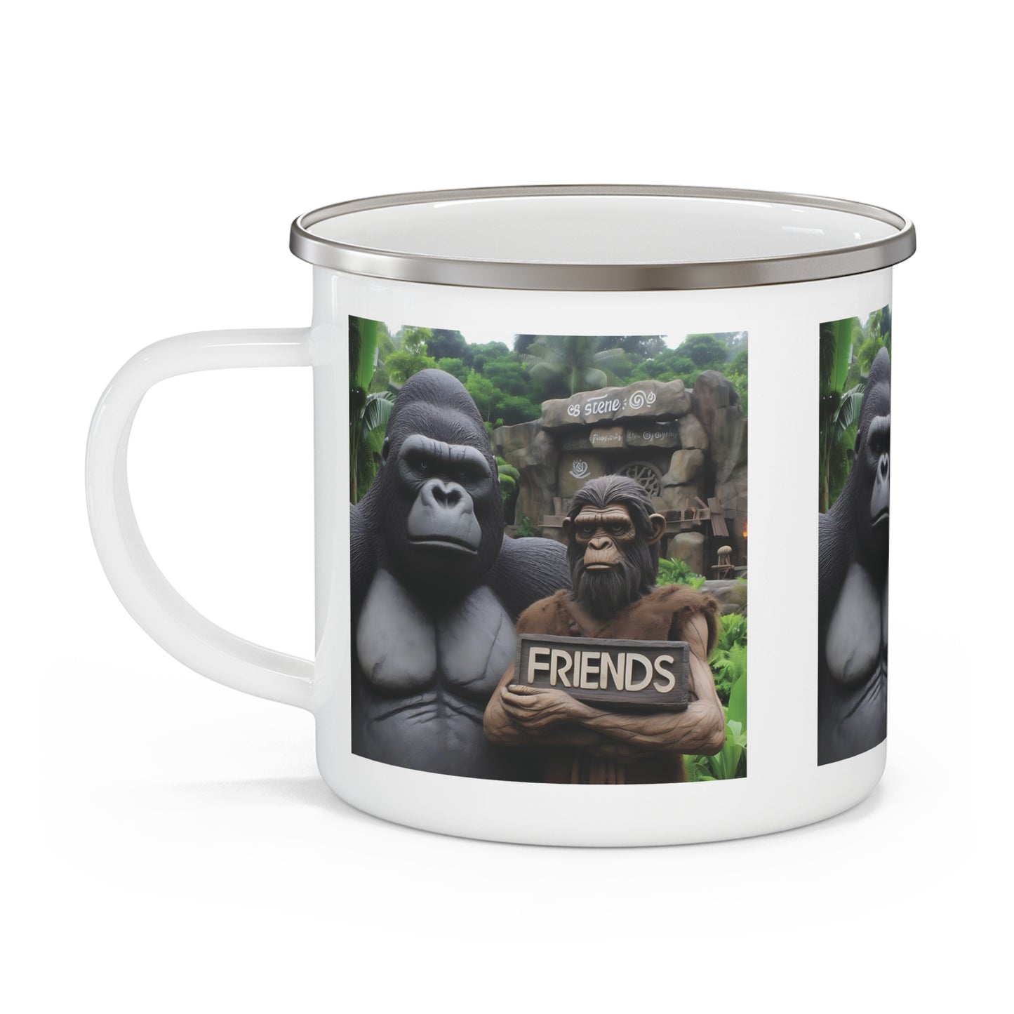 'Friends' Gorilla and Caveman Enamel Camping Mug - Outdoor and Wildlife Lovers
