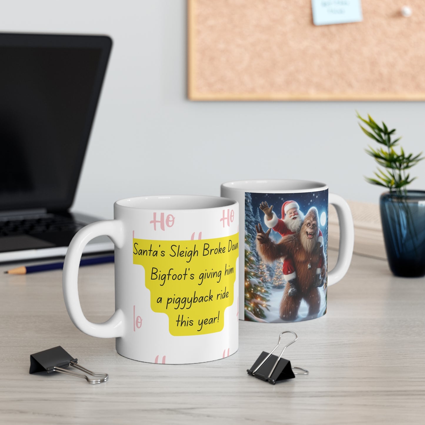 A unique holiday gift or festive addition to your kitchen with our funny Bigfoot & Santa Christmas mug! Celebrate the season with laughter and holiday cheer!