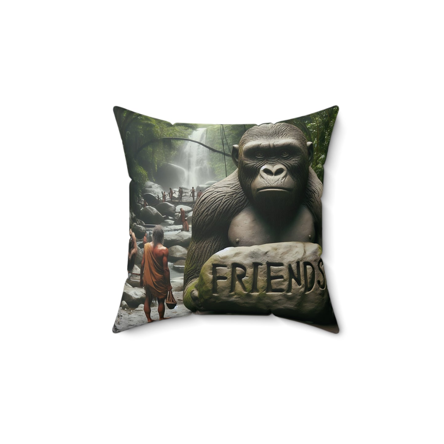 Celebrate the power of friendship with our "Friends Forever Gorilla Pillow." A pillow of nature and companionship with a majestic gorilla holding a "Friends" sign, set against a serene jungle backdrop with a flowing waterfall. ORDER NOW for your loved ones and friends. (SK Superb)