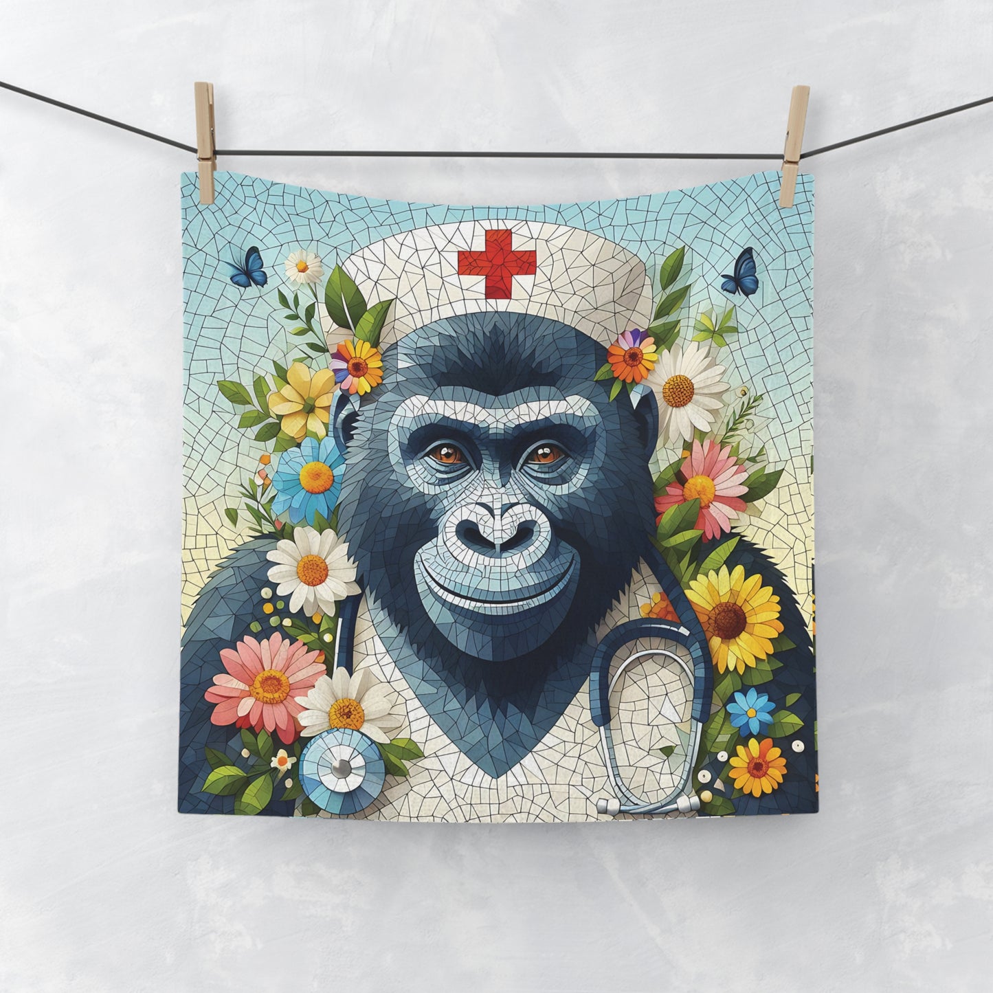 Brighten up your bathroom with the Mosaic Smiling Gorilla Nurse face/hand towel! This towel features a friendly gorilla dressed as a nurse, the kind demeanor capture the warmth and compassion of a human nurse. This towel is both functional and stylish. BUY NOW! (SK Superb)