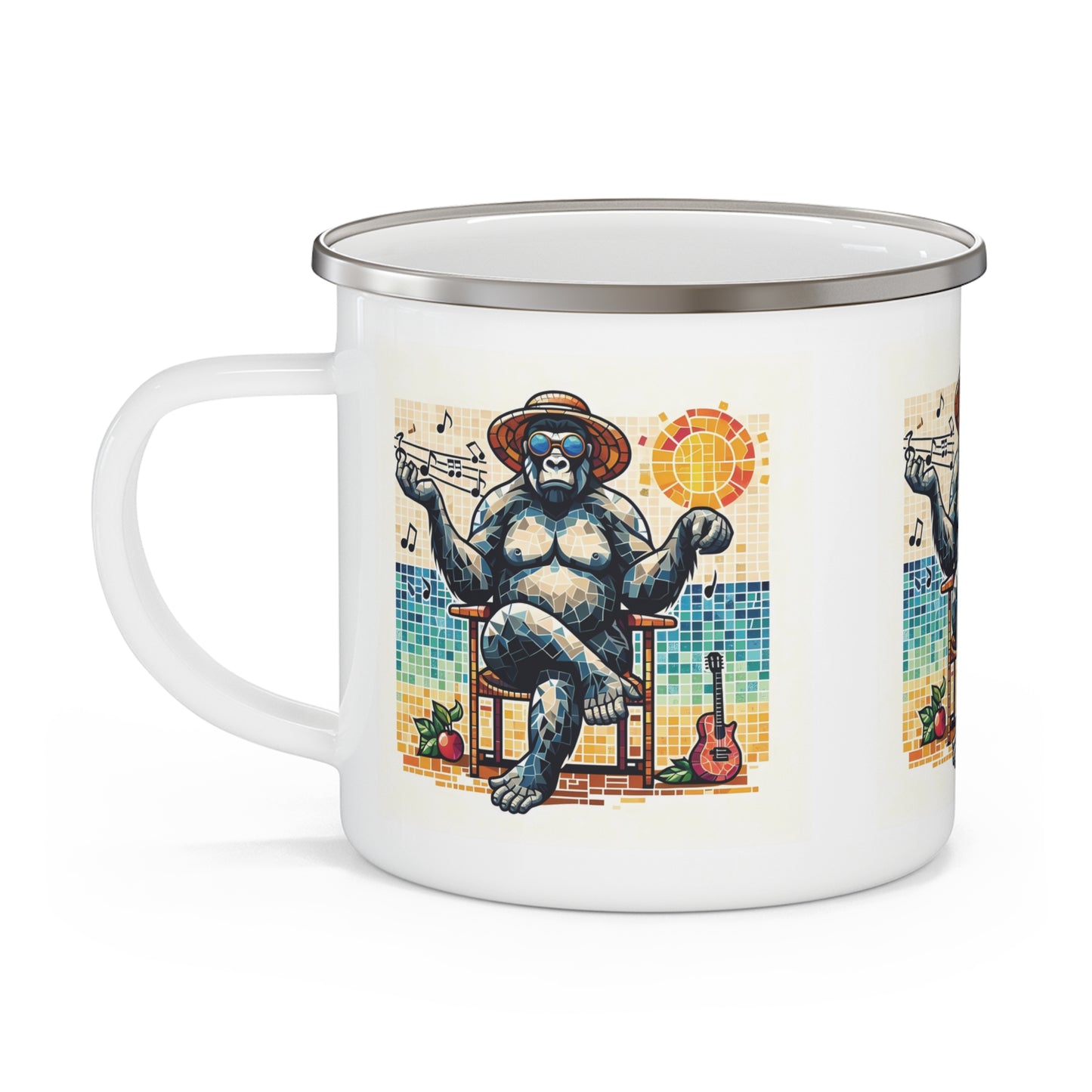 Relaxing Gorilla Musician Camping Mug - Tropical Mosaic Style