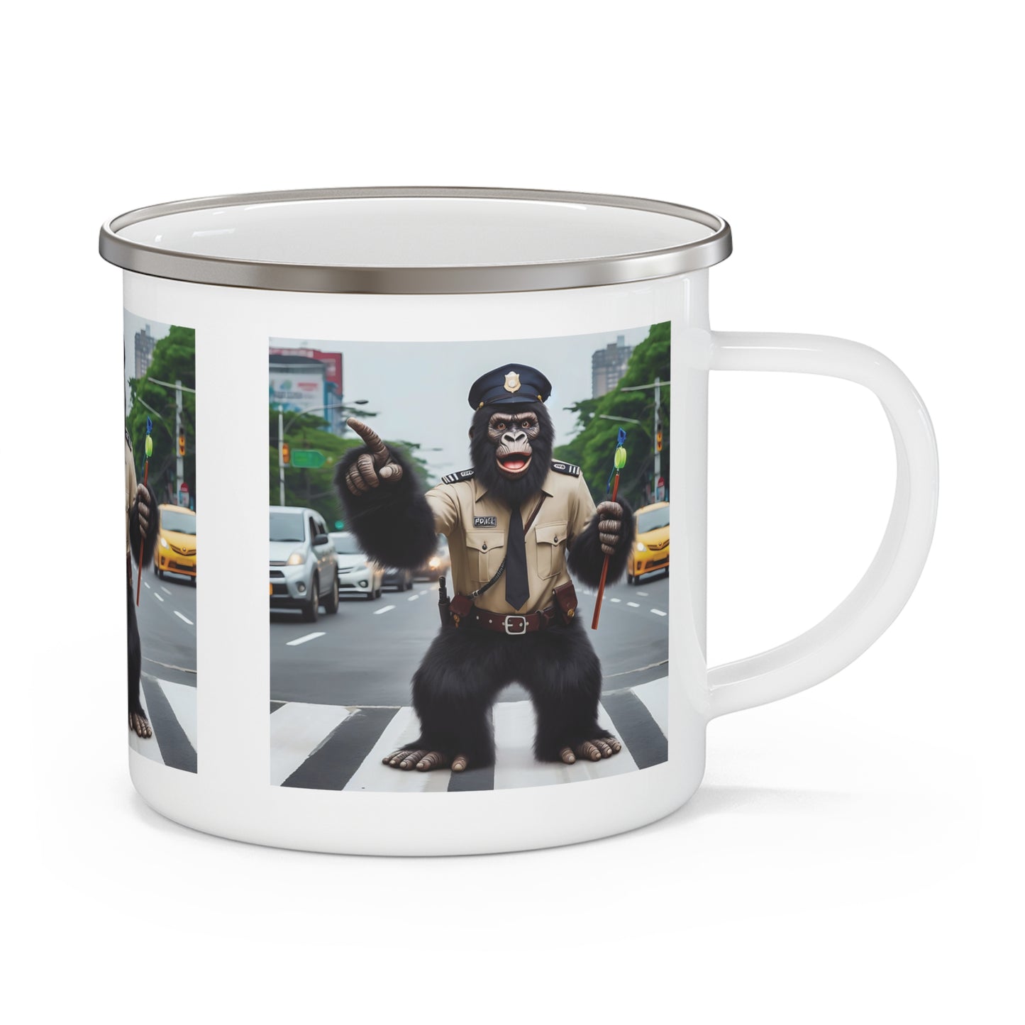 Our fun animal themed enamel camping mug of a playful gorilla traffic cop design. Perfect for camping, hiking, or everyday use. A great gift for outdoor lovers and adds a quirky touch to any adventure. A functional mug for your outdoor activities. BUY NOW! (SK Superb)