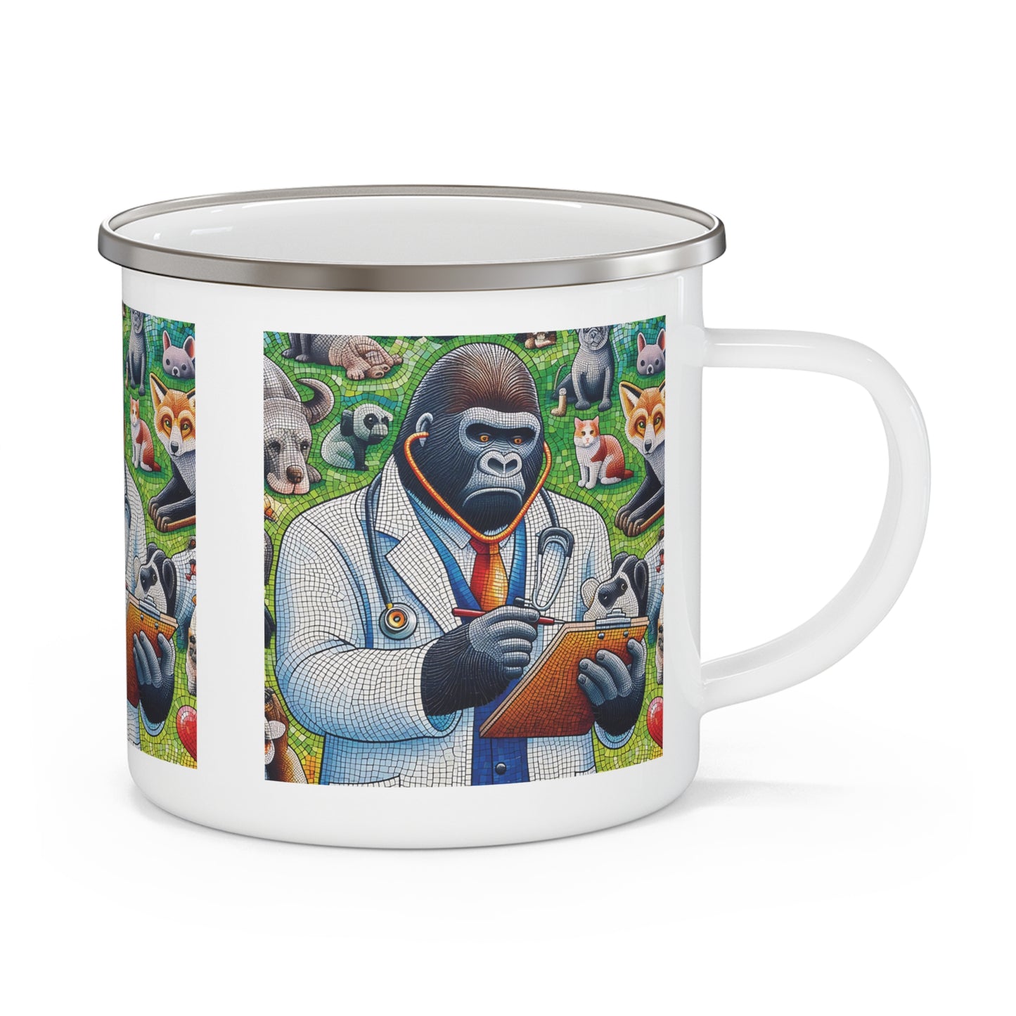 Our Camping Mug of mosaic-style Gorilla Veterinarian with forest animals, for wildlife lovers, combining functionality with unique art. This mug mirrors the caring nature of a human vet. Ideal for camping trips, hiking, picnics, travel and everyday use. A practical gift for outdoor and home use. BUY NOW! (SK Superb)