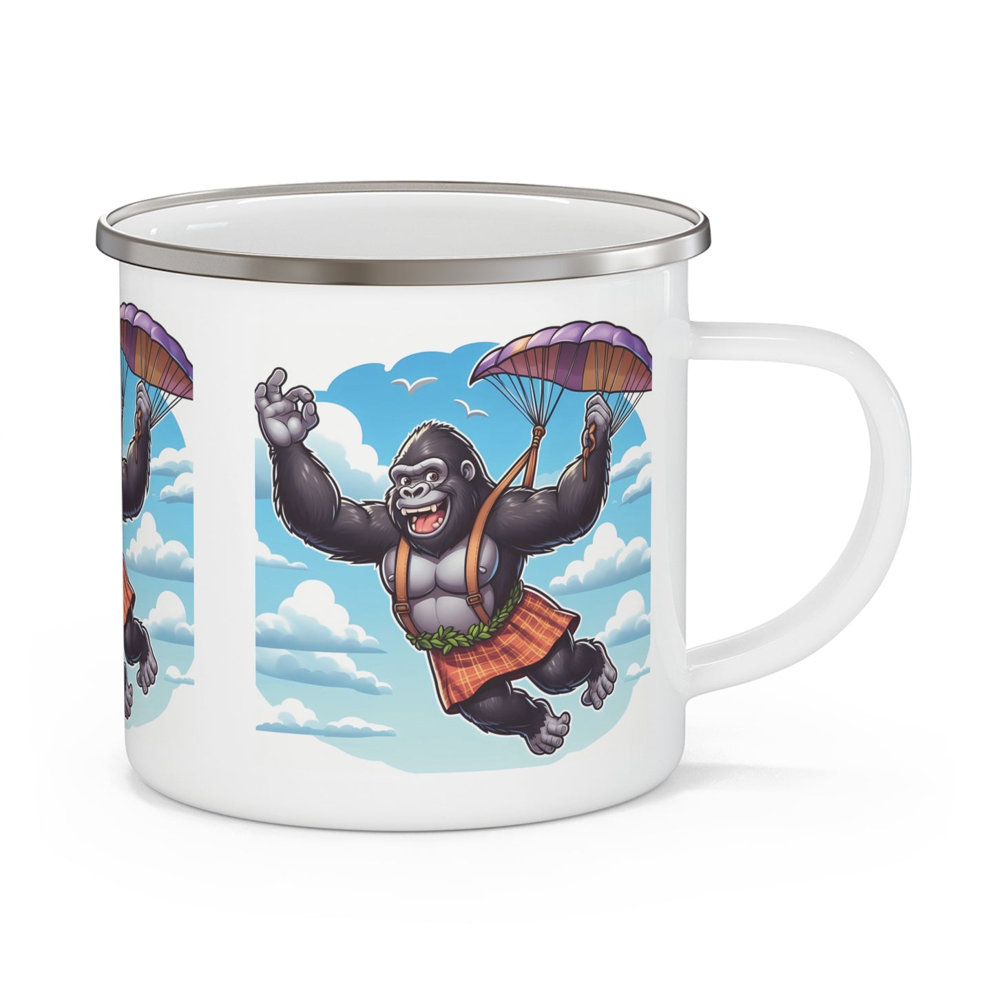 Elevate your camping experience with our "Happy Gorilla Parachuting" Enamel Camping Mug! Perfect for your outdoor adventures, hiking, camping, travel or home use. A fun and unique gift for animal lovers and adventure seekers. BUY NOW! (SK Superb)