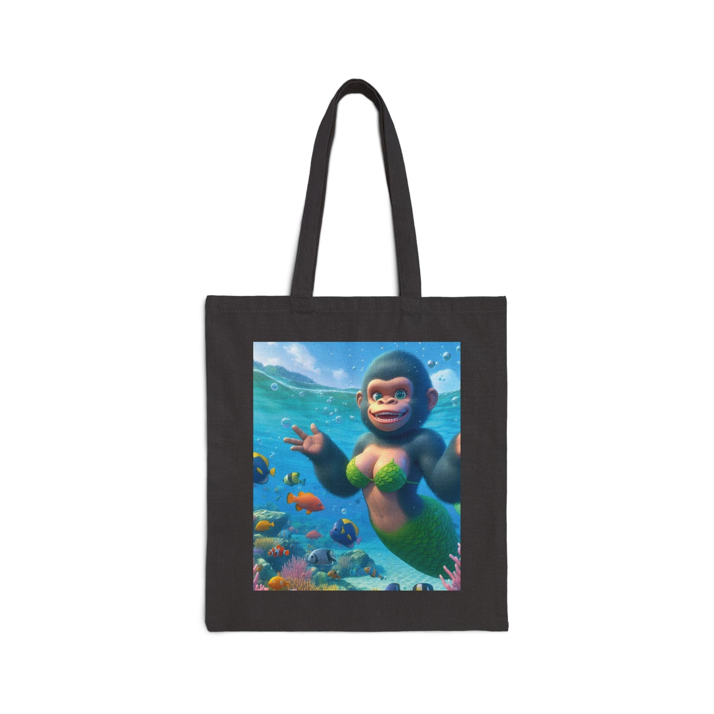 Dive into the whimsical world of underwater adventure with our "Adorable Cartoon Baby Gorilla Mermaid" Canvas Tote Bag. Ideal for shopping, beach trips, school, and everyday use. A fantastic gift for mermaid enthusiasts, animal lovers, and anyone who appreciates fun and unique accessories. BUY NOW! (SK Superb)
