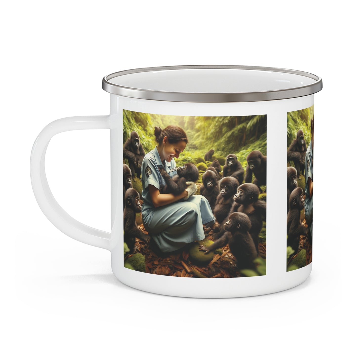 Nurse Caring for Baby Gorillas Enamel Camping Mug