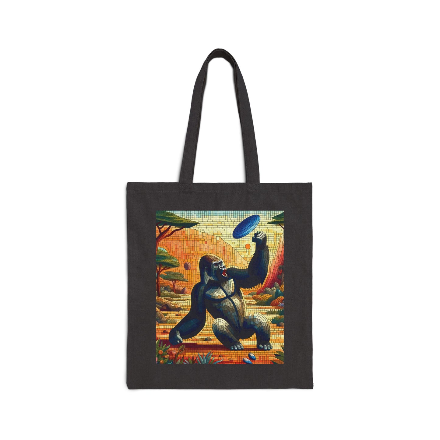 Nature Mosaic Art Gorilla Frisbee Player Canvas Tote Bag. (Black Color Bag)