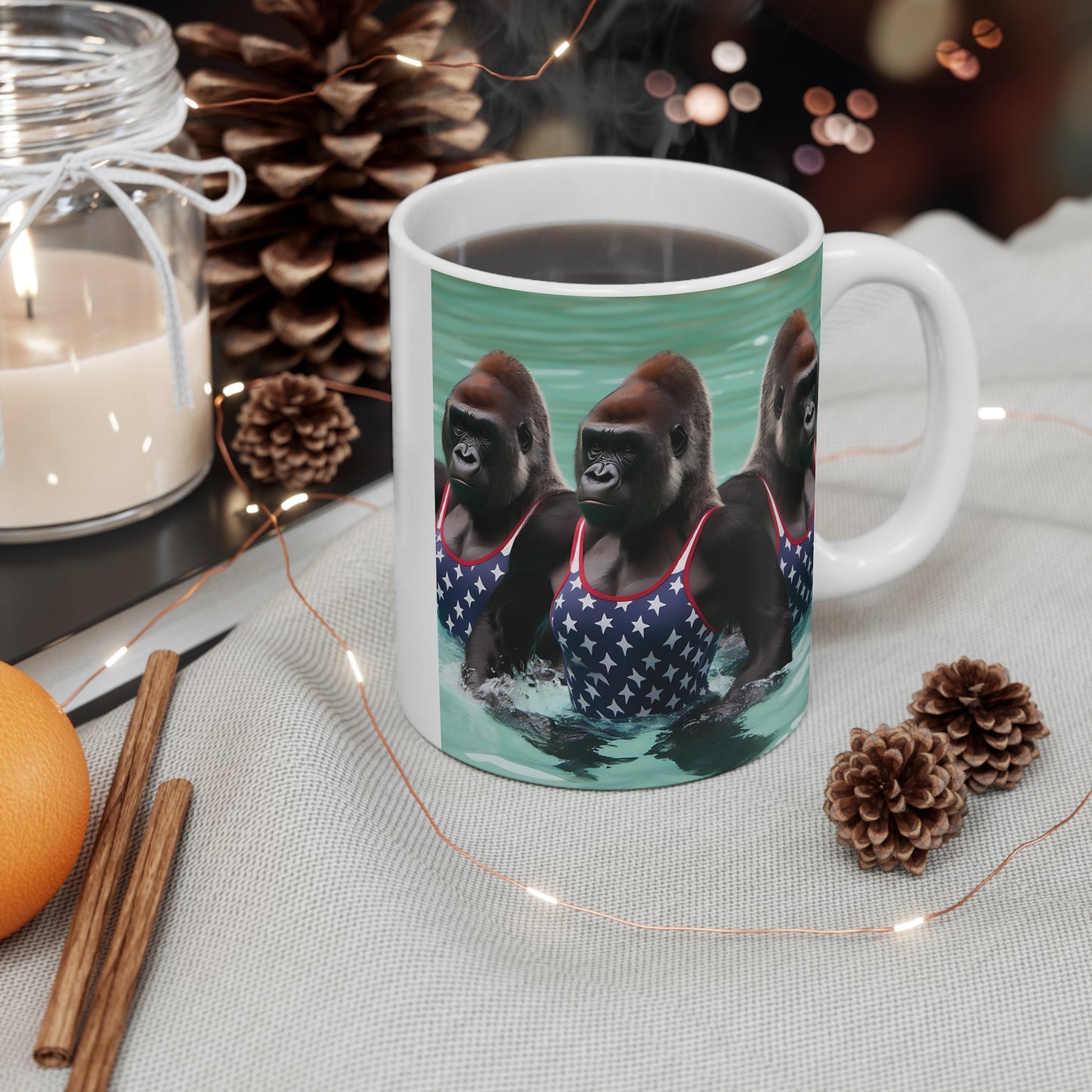 Patriotic Gorilla Swimmers 11oz Mug – Animal Art, Gorilla Lovers
