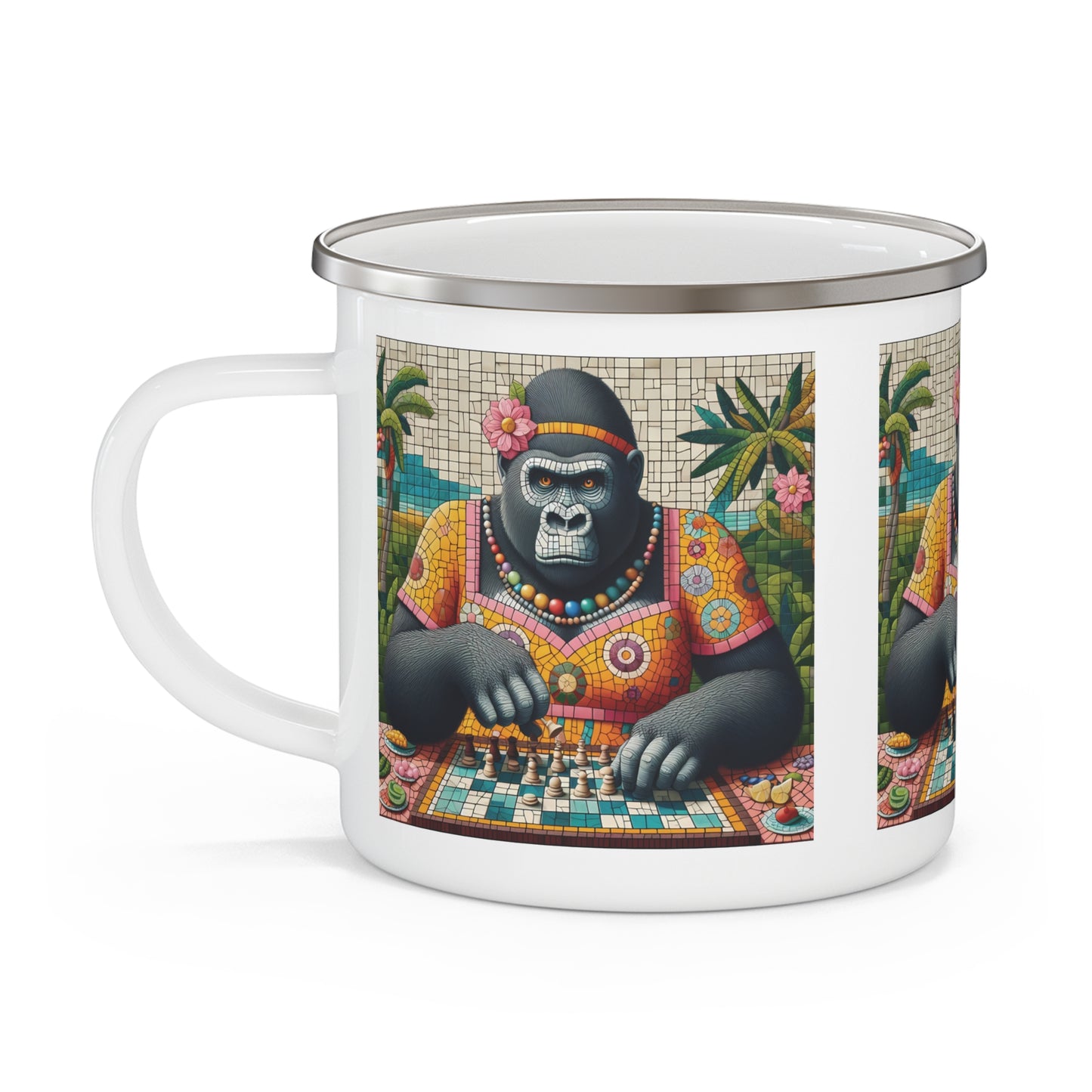 Mosaic Art Female Gorilla Chess Player Enamel Camping Mug - Stylish Campfire Mug