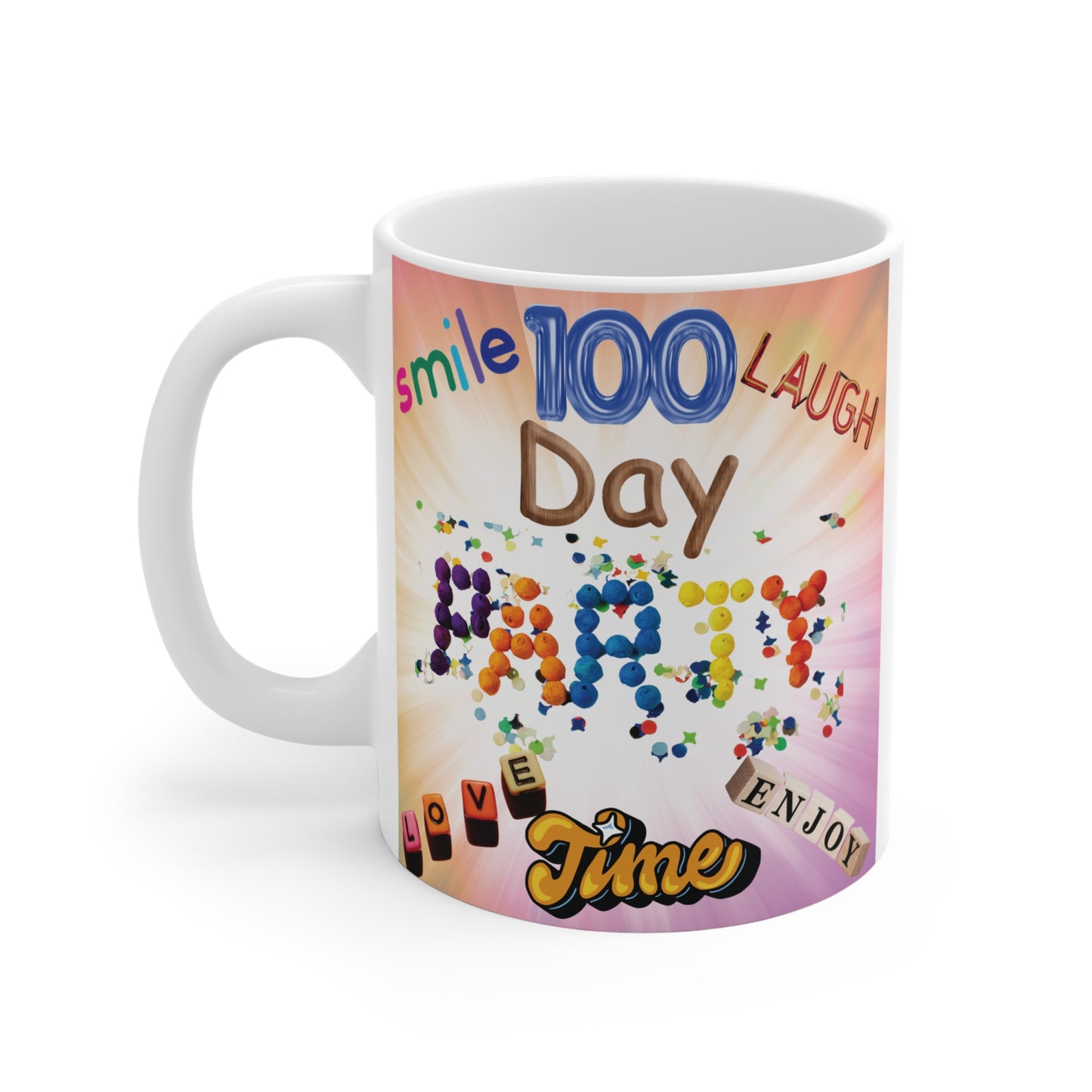 Our colorful 100-Day Party Time design 11oz Mug! Perfect for milestones, celebrations, and daily inspiration. A unique gift for any occasion! BUY NOW!