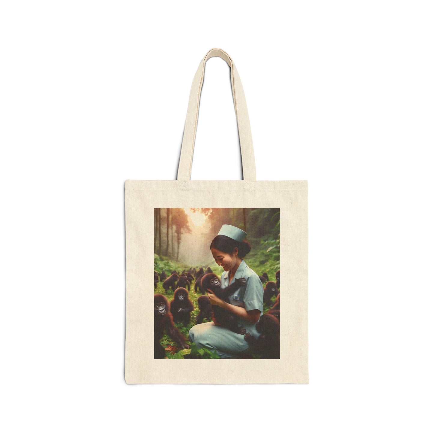 Carry a piece of compassion and nature with you with this canvas tote bag of a heartwarming nurse tenderly caring for baby gorillas in a forest. Perfect for animal, nature lovers and healthcare professionals. A stylish and practical tote bag for everyday use. BUY NOW! (SK Superb)