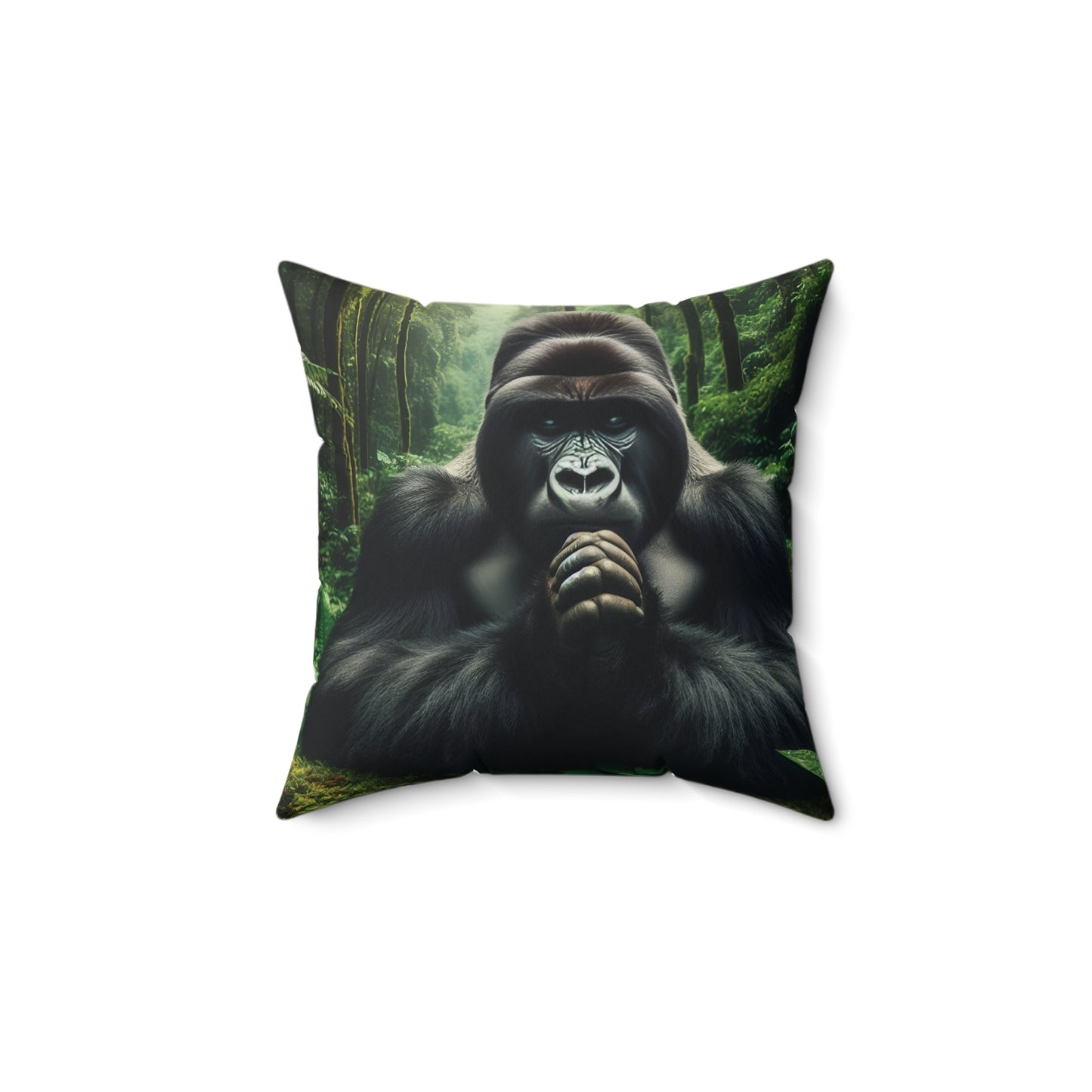 Appreciate nature, tranquility and serenity with the Praying Gorilla in the Jungle Pillow. Stunning home decor with a majestic gorilla in a peaceful praying pose, set against a lush, green jungle backdrop. This pillow is a reminder of the power of mindfulness and the beauty of the wild. BUY NOW! (SK Superb)