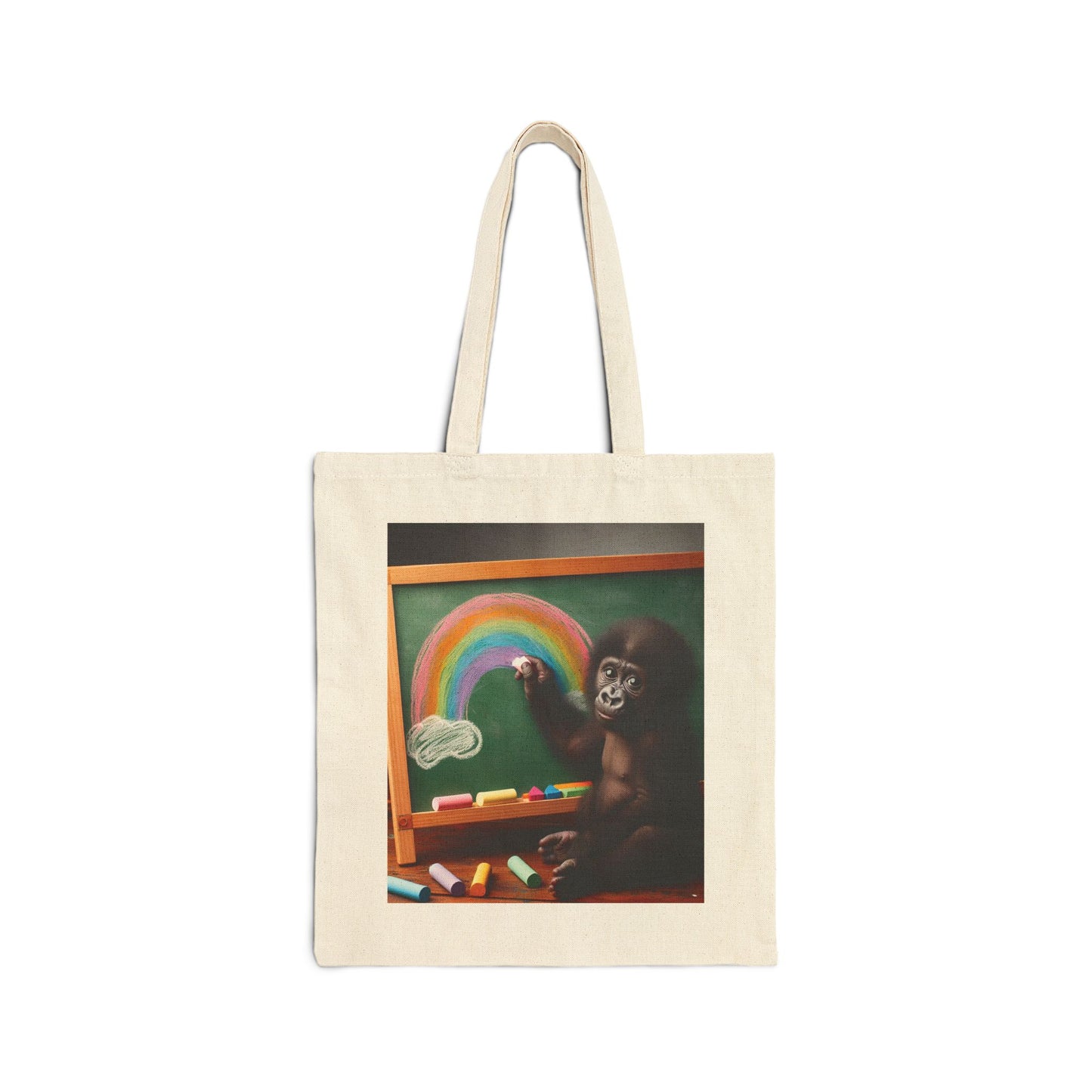 Encourage your child's creativity and love for art with this charming canvas tote bag featuring an adorable baby gorilla drawing a colorful rainbow. This tote is the perfect companion for little artists to let their imagination run wild. BUY NOW! (SK Superb)
