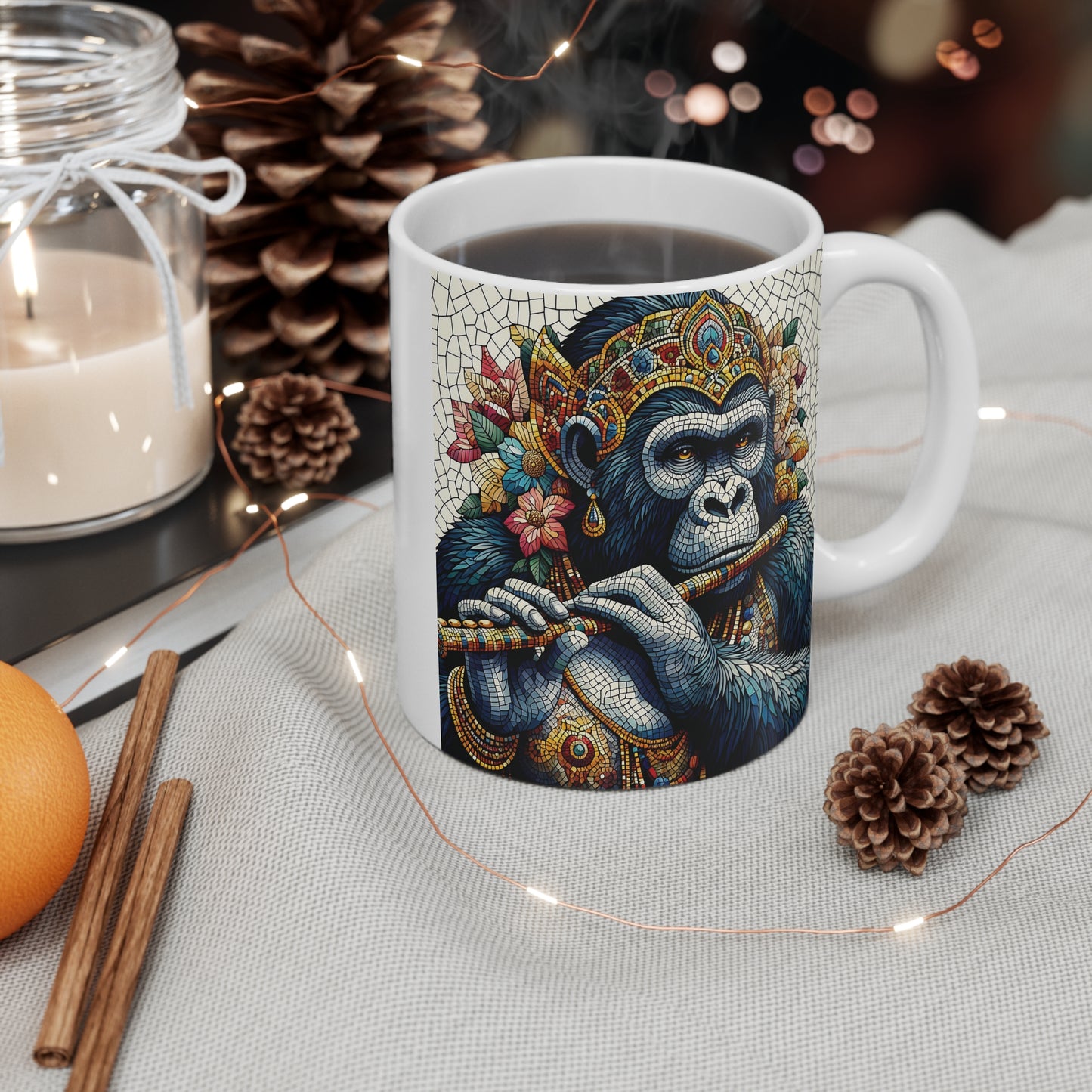 Ornate Mosaic Female Gorilla Playing Flute 11oz Mug - For Music Lover