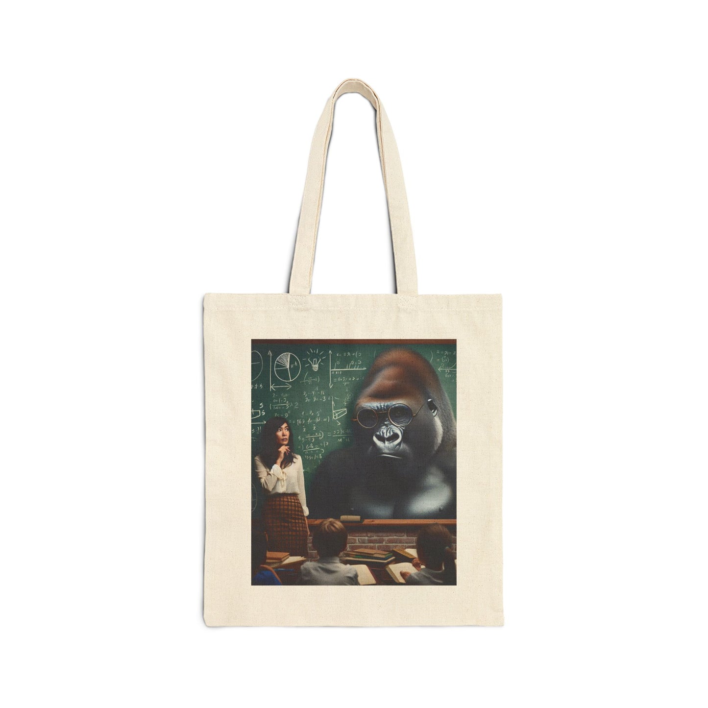 Showcase your love for education with our "Gorilla Teacher Canvas Tote Bag". This tote features a captivating image of a gorilla wearing glasses, standing next to a human teacher in front of a chalkboard filled with mathematical formulas. Tote of humor, intellect and sophistication. BUY NOW! (SK Superb)