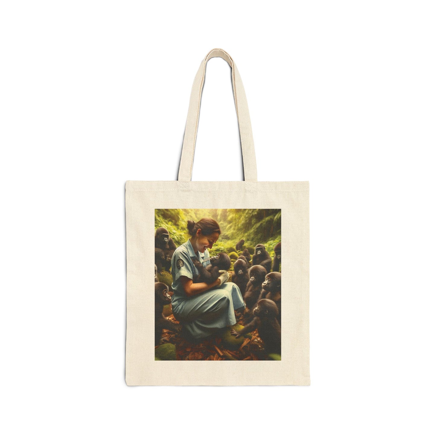 Carry a piece of compassion and nature with you with this meaningful canvas tote bag of a nurse tenderly caring for baby monkeys in a lush, green forest. This bag is perfect for animal lovers, healthcare professionals, and nature enthusiasts alike. BUY NOW! (SK Superb)