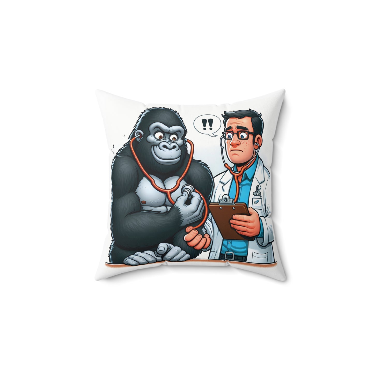 Buy the "Doctor Gorilla Check-Up Pillow" now and enjoy endless smiles! This quirky pillow features a comical scene of a gorilla confidently checking a human doctor's heartbeat with a stethoscope, leaving the doctor looking perplexed. A playful pillow for your home and office decor. A humorous gift too. (SK Superb)