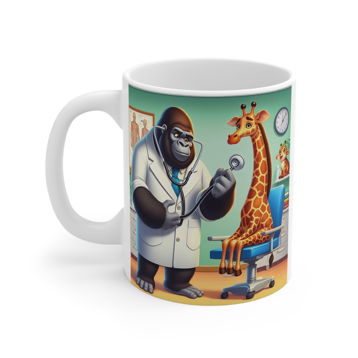 Cartoon Gorilla Vet Doctor Examining Giraffe 11oz Mug