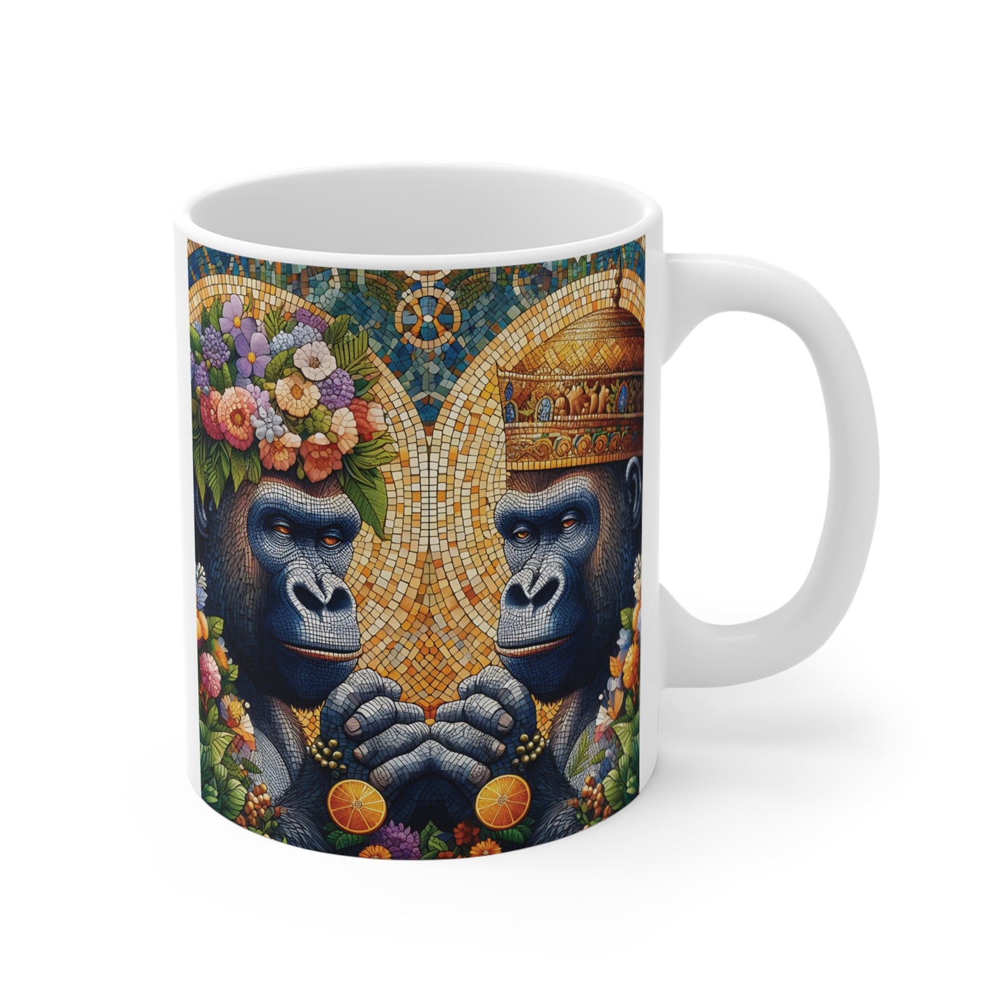 Celebrate love and unity with our "Royal Wedding Gorillas 11oz Mug." This enchanting mug features a mosaic design of two gorillas adorned in regal attire, symbolizing their marriage. An ideal gift for newlyweds, anniversaries, or any special occasion celebrating love and commitment. BUY NOW! (SK Superb)