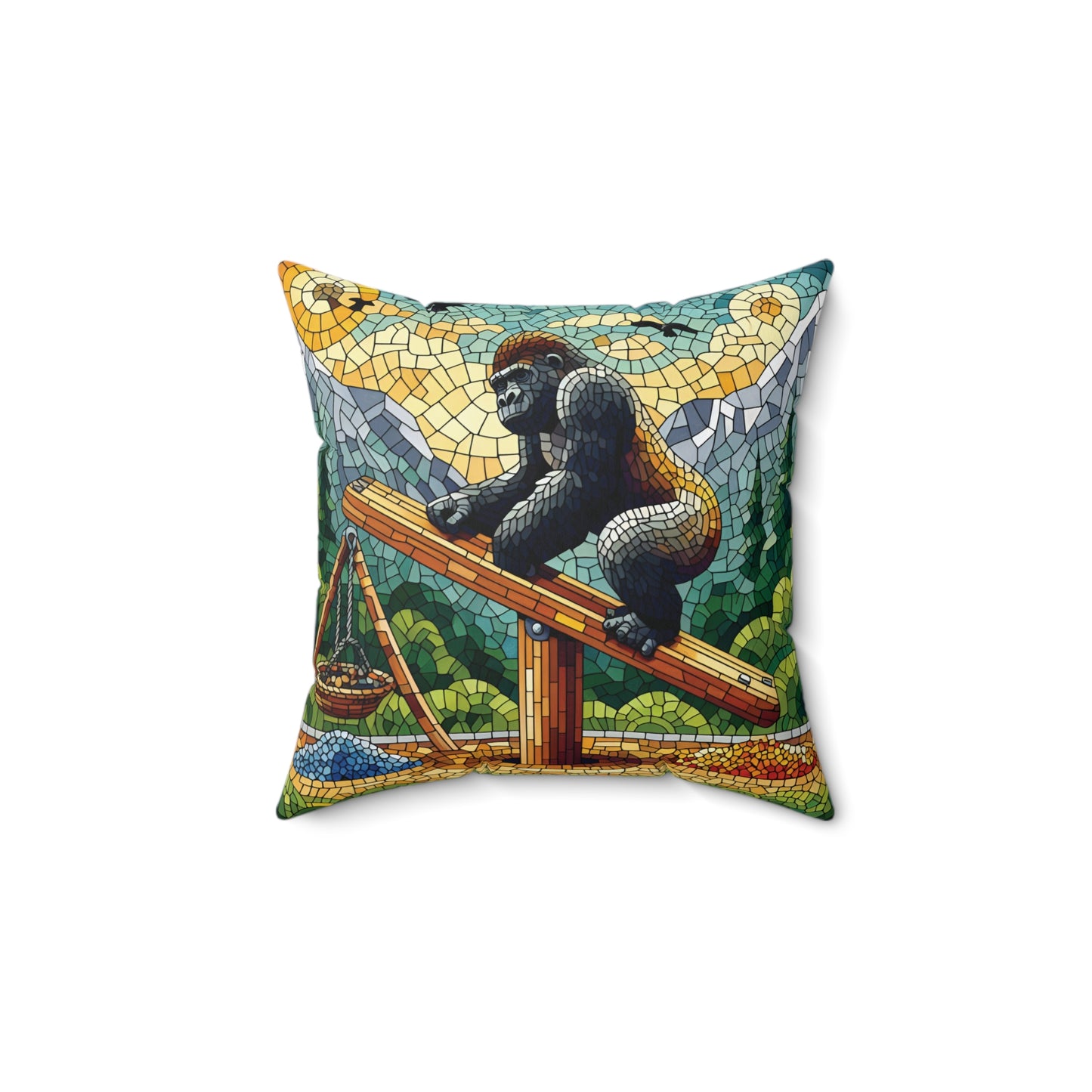 Add a touch of playful elegance with the "Gorilla on See-Saw Pillow". A mosaic-style design of a thoughtful gorilla balancing on a see-saw against a backdrop of mountains and a radiant sun. A cozy companion to your home and office decor.(SK Superb)