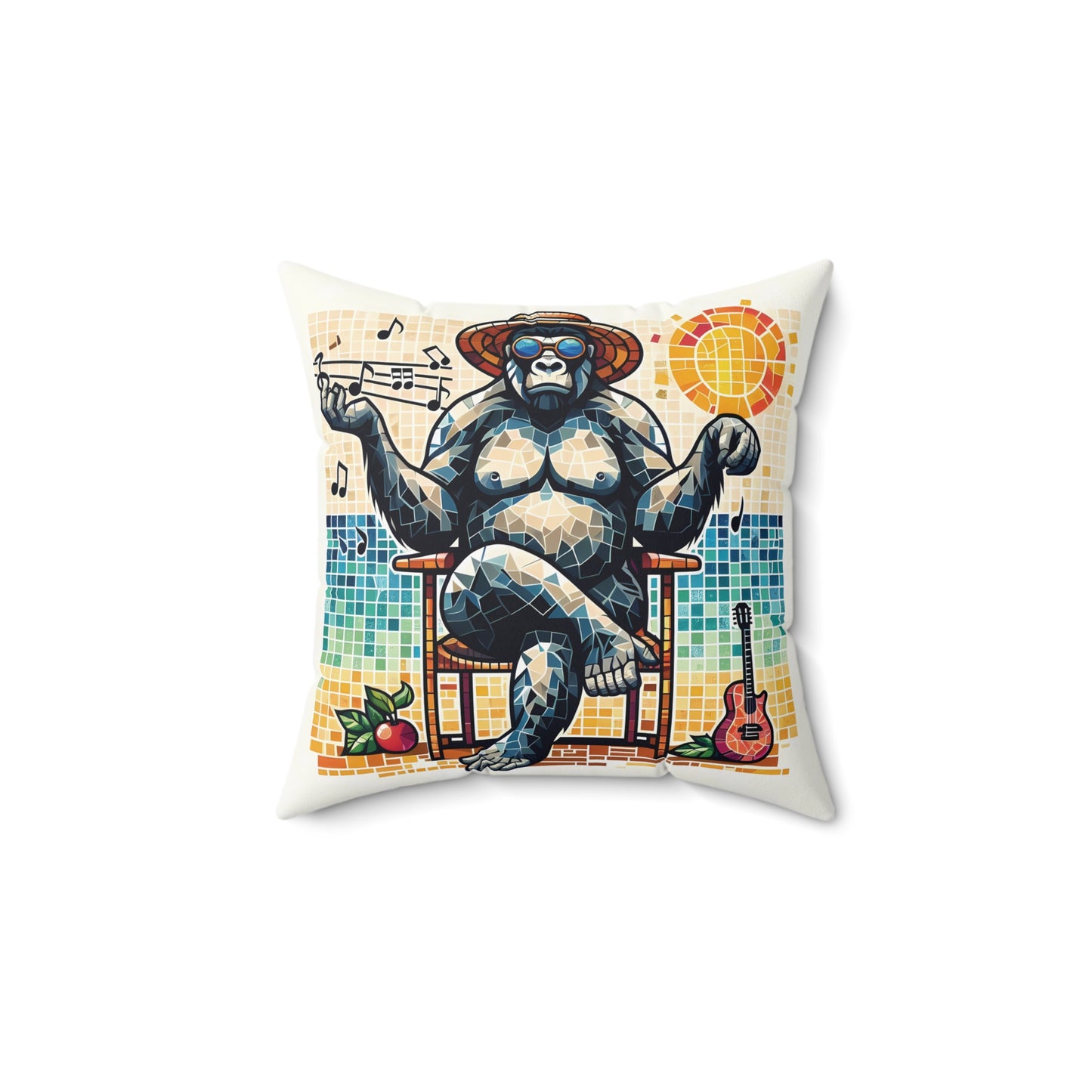 Add a touch of this musical and artistic charm for your home and office decor with the "Musician Gorilla Relaxing Pillow". Depicting a cool gorilla wearing sunglasses and a straw hat lounging on a chair with musical notes and a guitar around him, all set against a vibrant mosaic background. BUY NOW! (SK Superb)