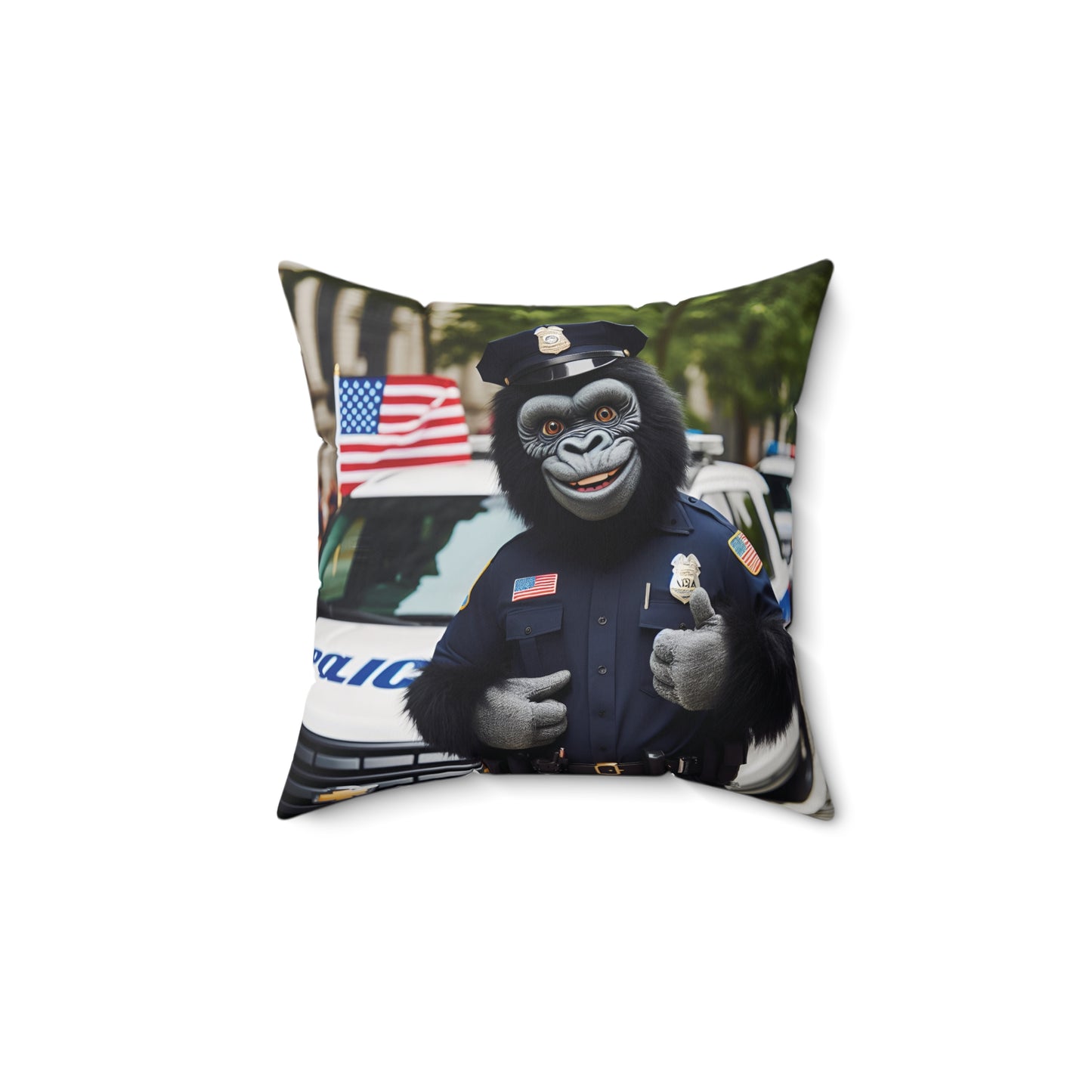 BUY this whimsical Officer Gorilla on Duty Pillow. A decorative pillow featuring a cheerful gorilla dressed as a police officer, with a badge and American flag. An excellent gift or decor piece for law enforcement enthusiasts and animal lovers. Add some lighthearted fun to your home and office! (SK Superb)