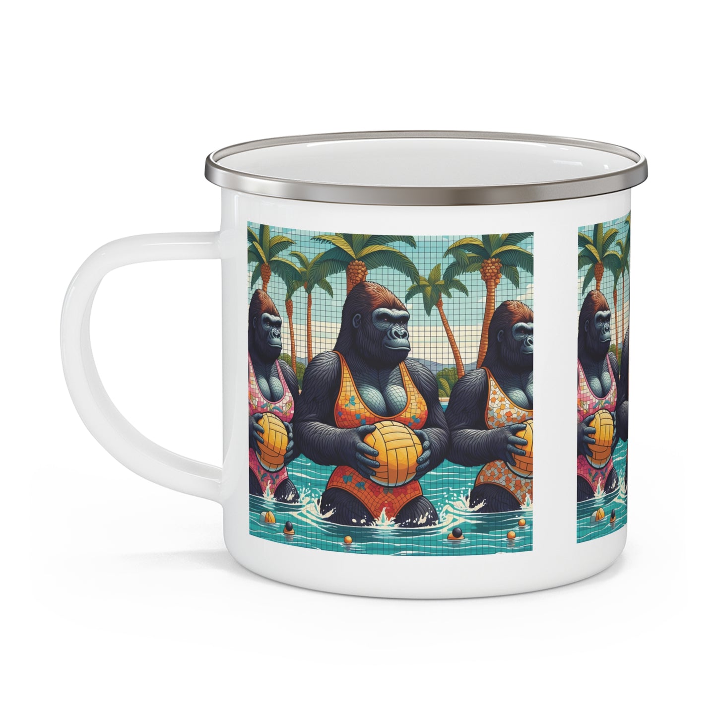 Female Gorilla Water Polo Champion Enamel Camping Mug – Fun Adventure Companion