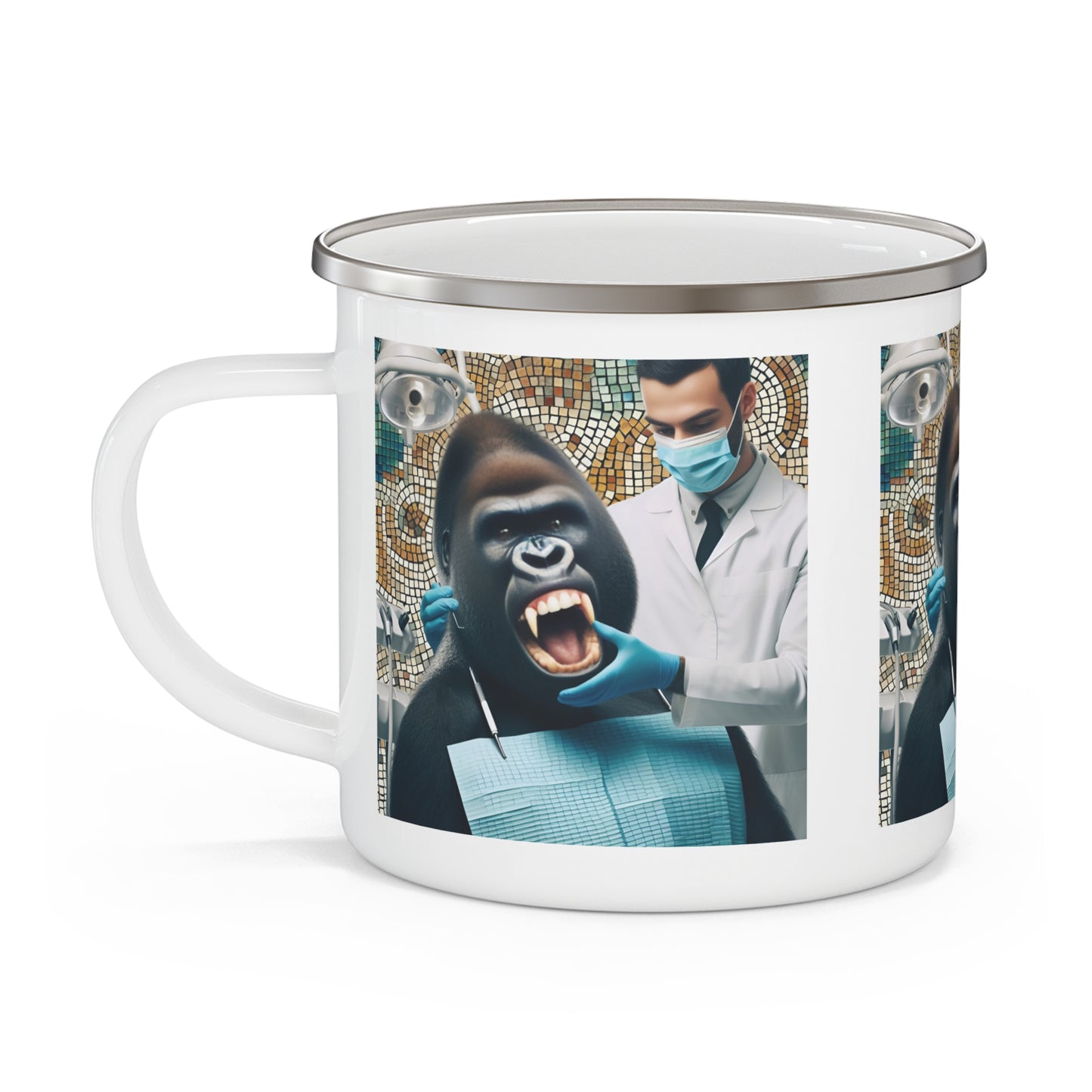 Funny Mosaic Gorilla at the Dentist Enamel Camping Mug – Animal & Dental Theme