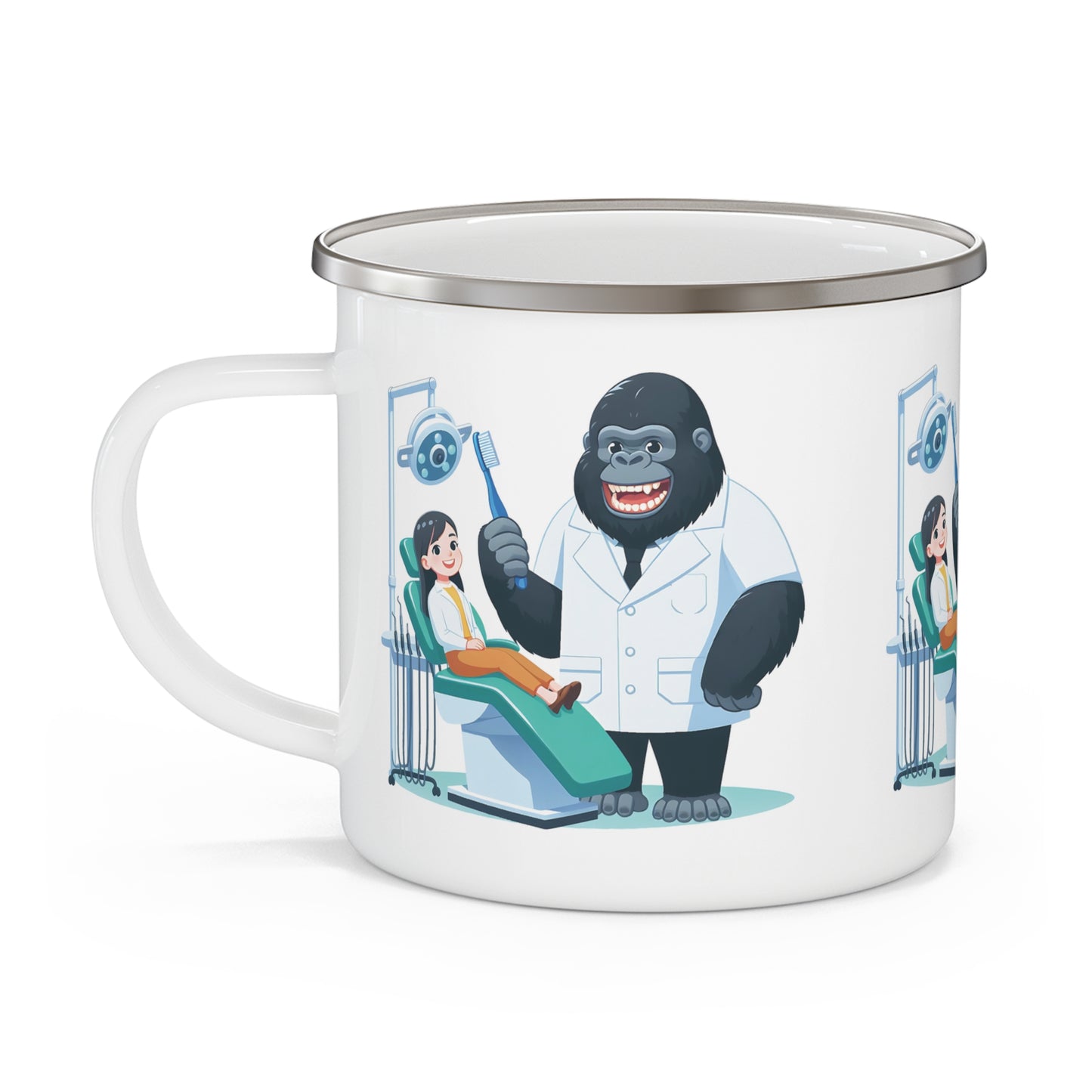 Cartoon Gorilla Dentist and Happy Patient - 12oz Enamel Camping Mug