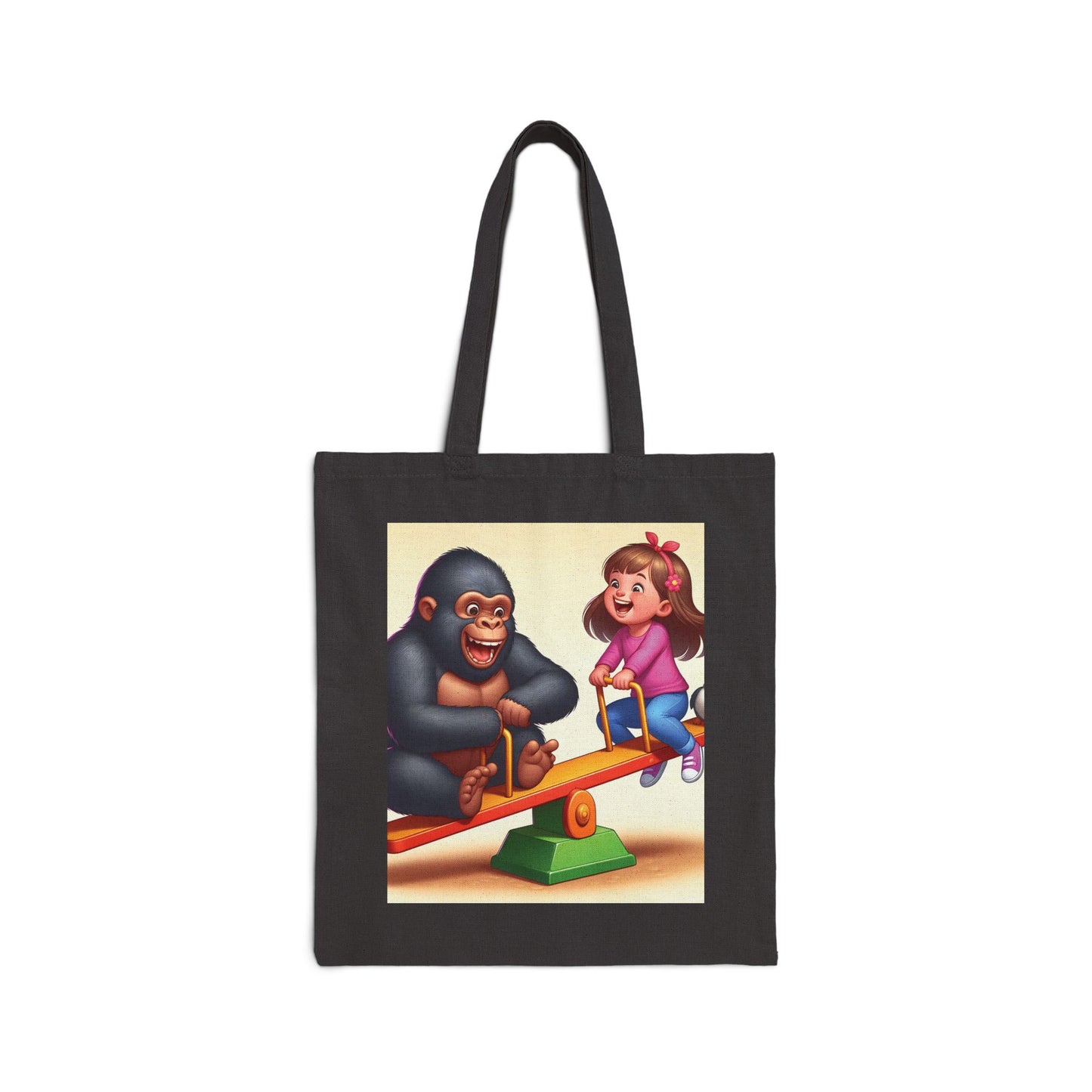 Bring joy and whimsy to your everyday errands with our "Playful Gorilla and Child on Seesaw" Canvas Tote Bag, capturing a heartwarming moment of fun and friendship. Perfect for animal lovers, parents and children who enjoy unique delightful designs. BUY NOW! (SK Superb)