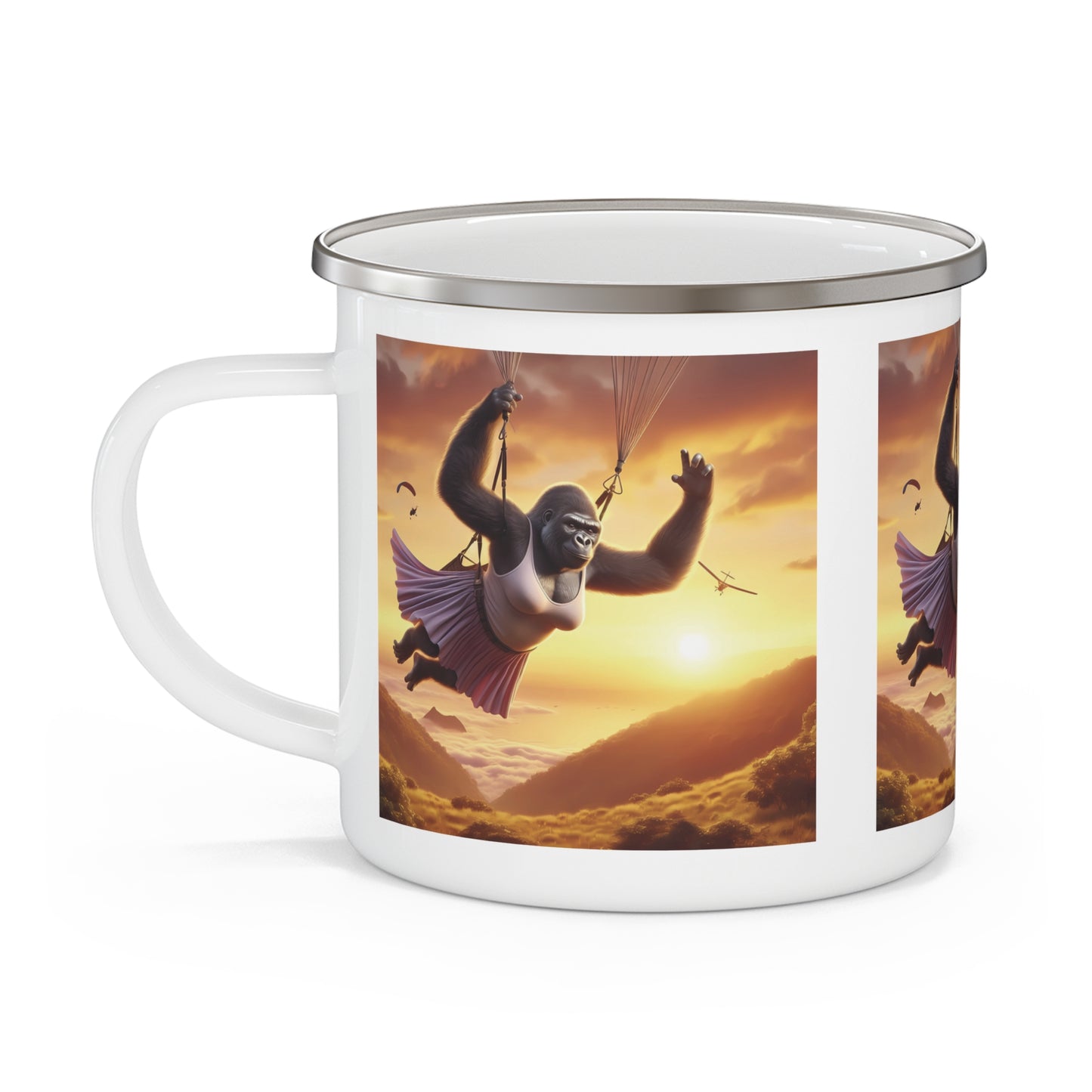 Adventure Female Gorilla Parachuting Enamel Camping Mug - Animal Lover Gift