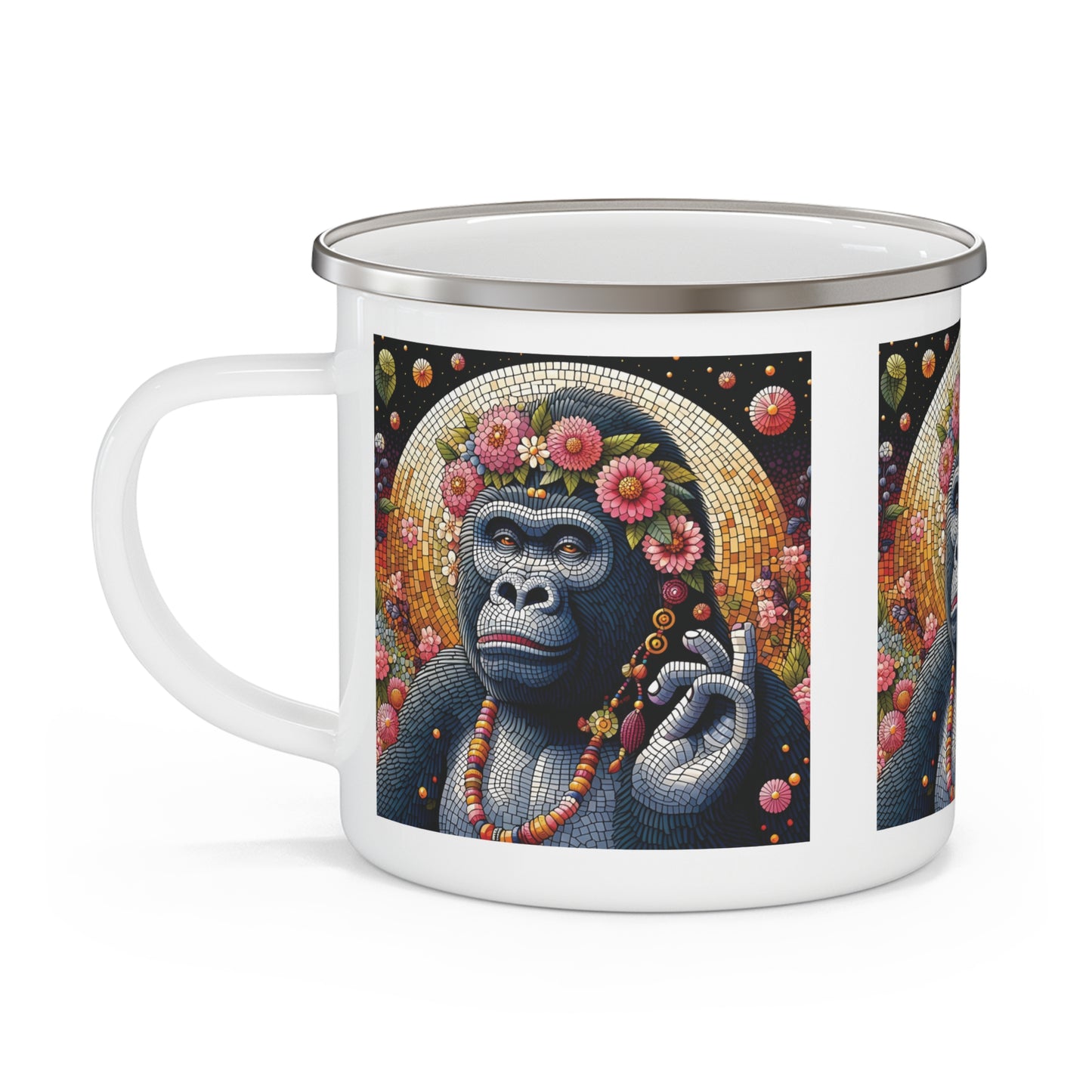 Bachelorette Gift Floral Crowned Gorilla Enamel Camping Mug – Mosaic Style
