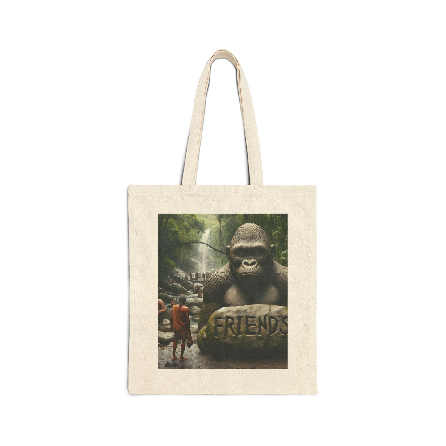Our stunning canvas tote bag of a gorilla with a human friend, symbolizing unity and harmony with nature. This unique design celebrates the bond between humans and wildlife. Ideal gift for nature and animal lovers. Great for birthdays, holidays. BUY NOW! (SK Superb)