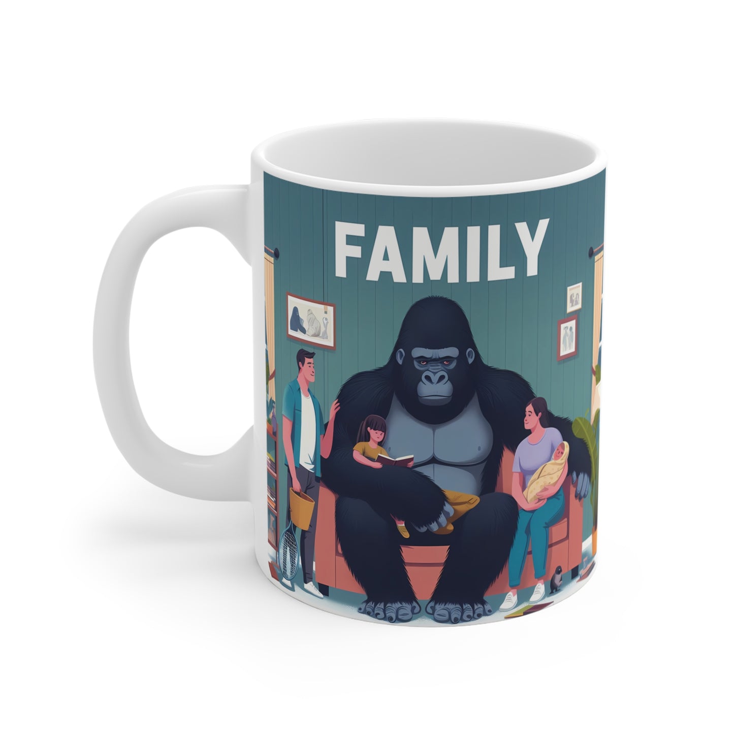 Cartoon Gorilla with Human Family 11oz Mug - Family Unity