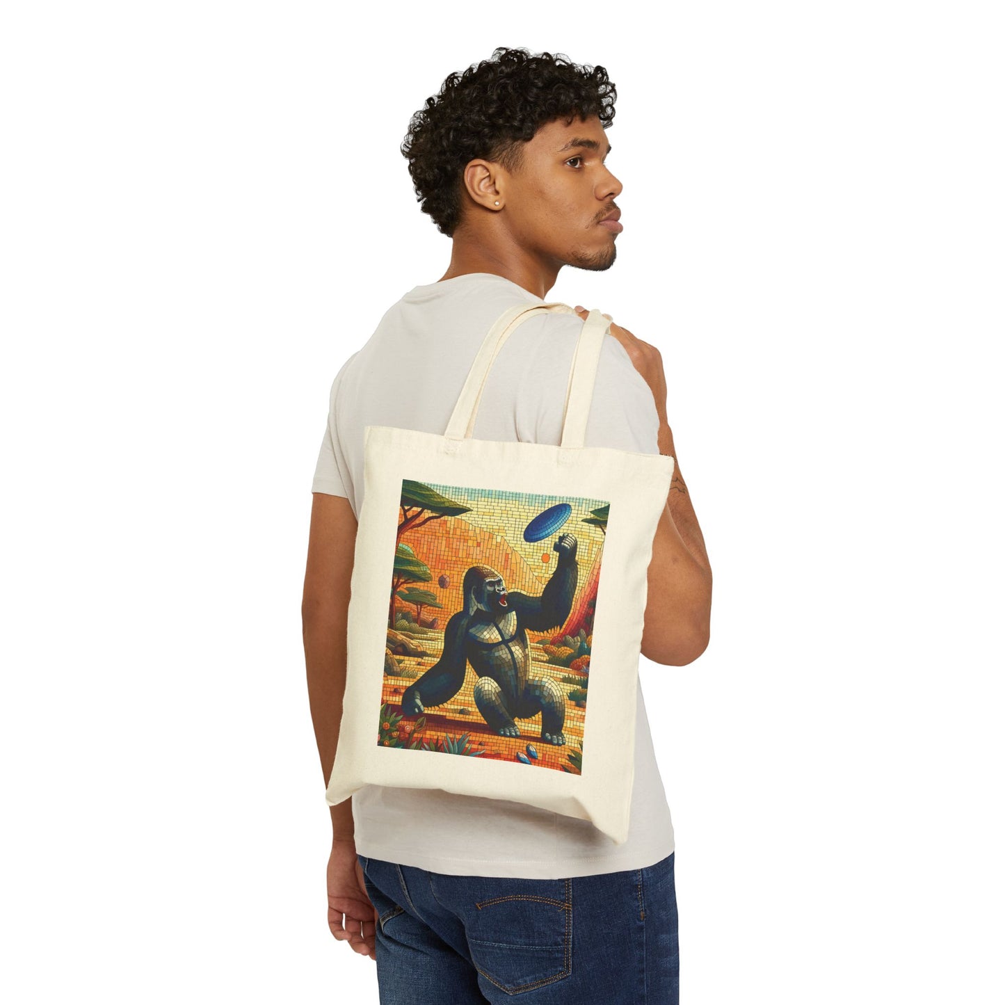 Nature Mosaic Art Gorilla Frisbee Player Canvas Tote Bag