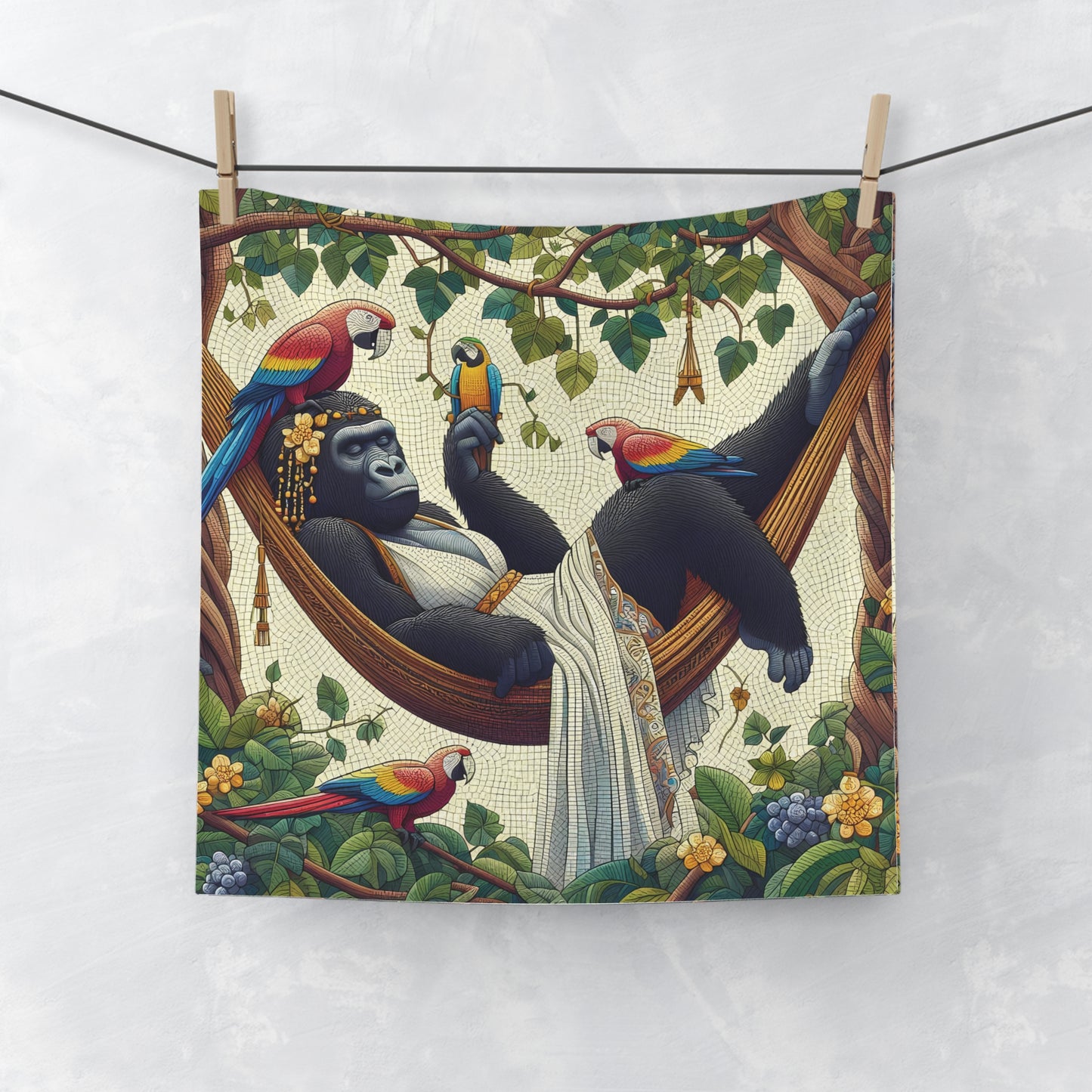 Our "Luxurious Jungle Retreat Gorilla Face Towel" features a mosaic-style gorilla lounging in a hammock, making this towel a stunning piece of nature-inspired art for your bathroom or outdoor space. Perfect as a gift for nature lovers or as a unique addition to your home deco. BUY NOW! (SK Superb)