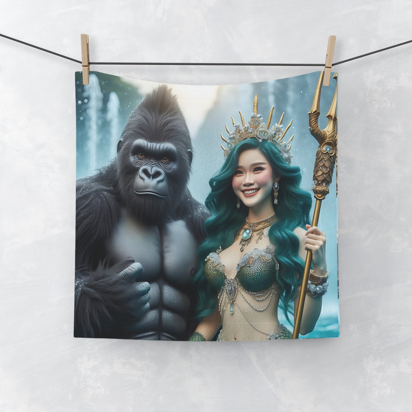 Introducing our luxurious face towel adorned with an extraordinary design of a majestic gorilla and a captivating mermaid queen. This premium quality towel combines artistic brilliance with everyday functionality. Ideal gift for fantasy lovers, art enthusiasts. BUY NOW! (SK Superb)