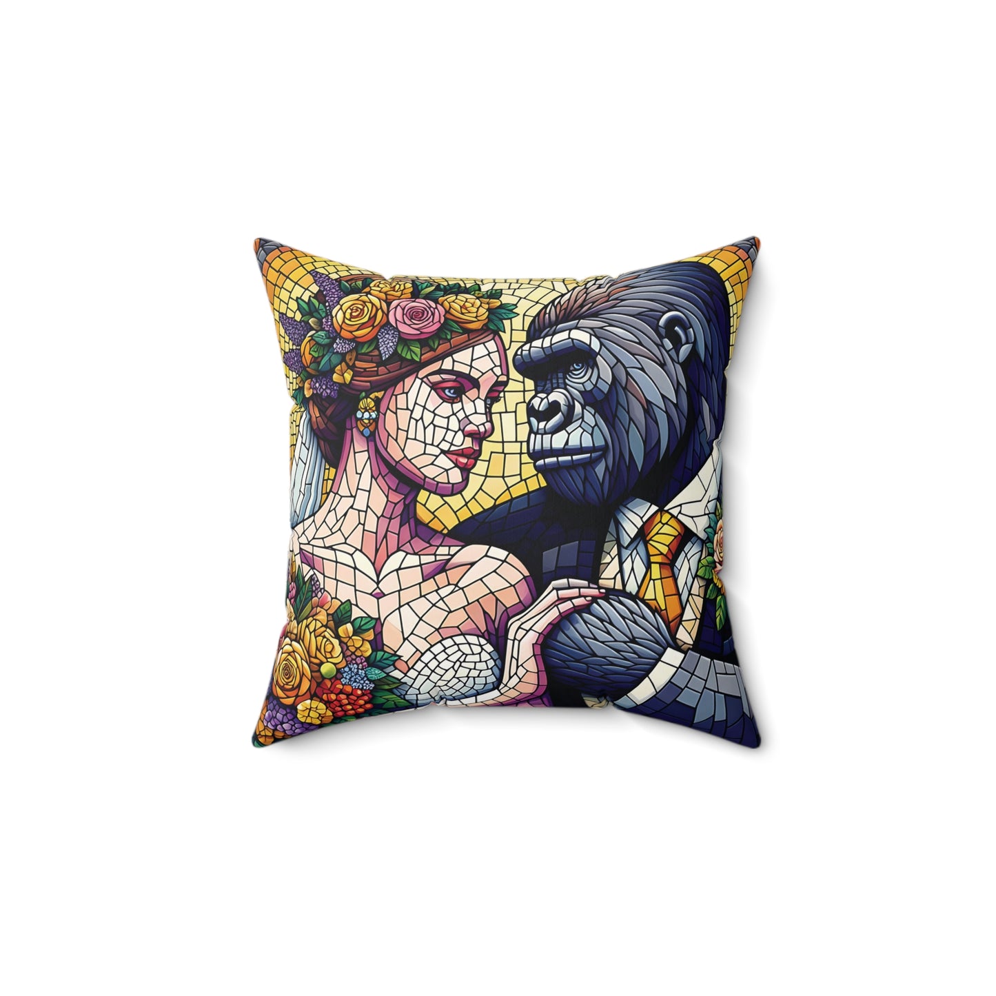 Celebrate the union of elegance and strength with the "Gorilla and Bride Mosaic Love Pillow". A pillow design of a gorilla and a bride in a loving embrace, a resemblance to human love. A perfect addition to your home decor with romance and devotion. Ideal for weddings, anniversaries and gifts. (SK Superb)