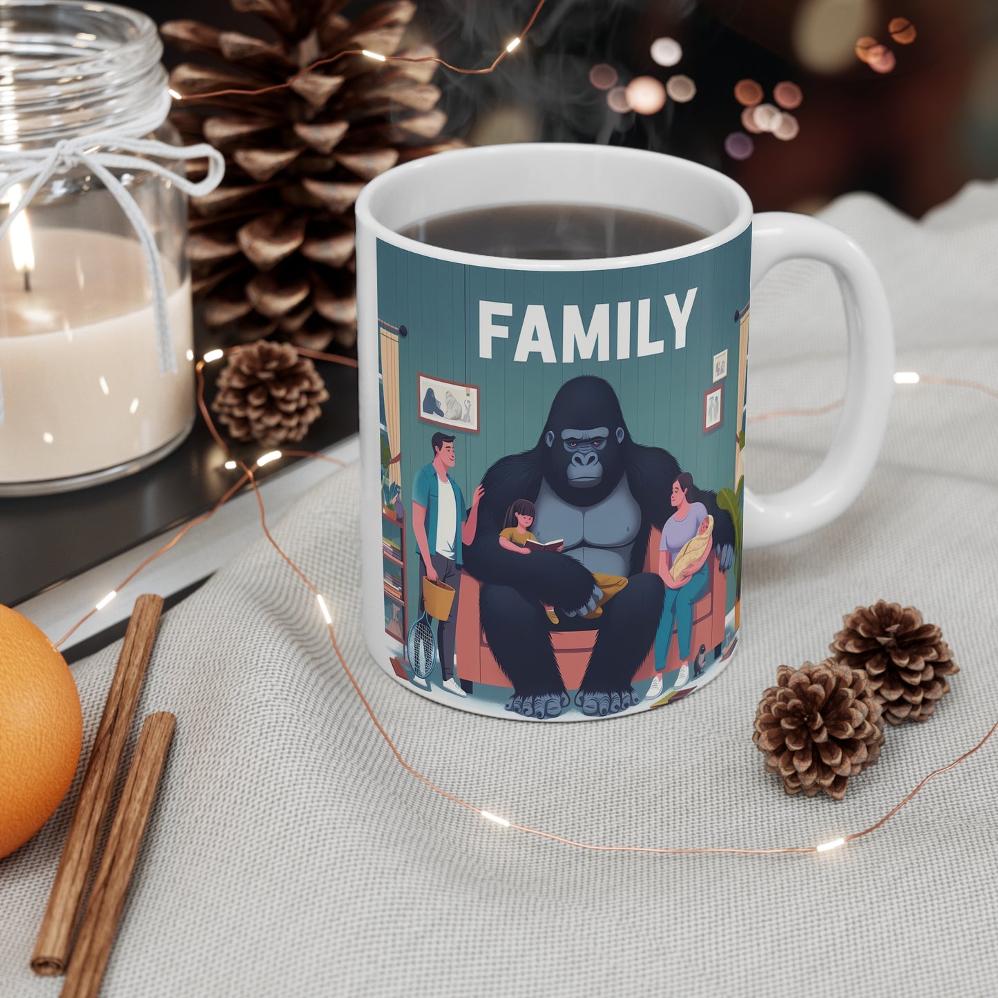 Cartoon Gorilla with Human Family 11oz Mug - Family Unity