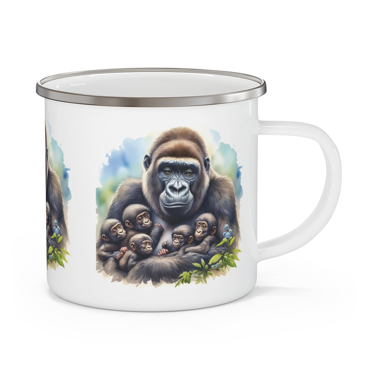 Experience the warmth and love of nature with our functional "Loving Mama Gorilla with Babies" Enamel Camping Mug. Perfect for outdoor adventures, camping trips, or home use. The detailed art captures the essence of family and the beauty of wildlife, an excellent gift for animal, nature lovers. BUY NOW! (SK Superb)
