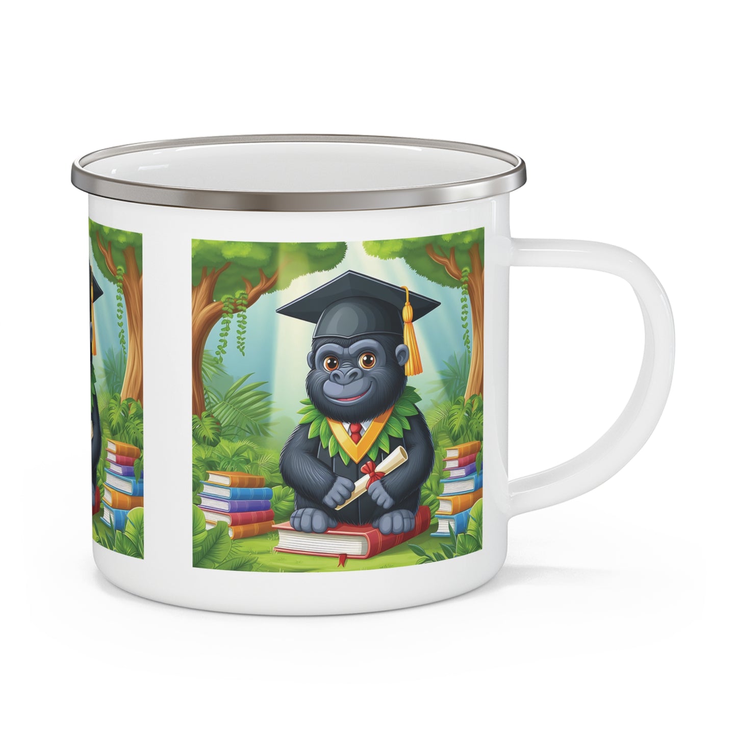 Celebrate academic achievements with our fun, cartoon style Graduation Gorilla Enamel Camping Mug! This functional creative mug is ideal for graduates, students, and teachers alike. Perfect for camping trips, outdoor adventures, travel, or home use. BUY NOW! (SK Superb)