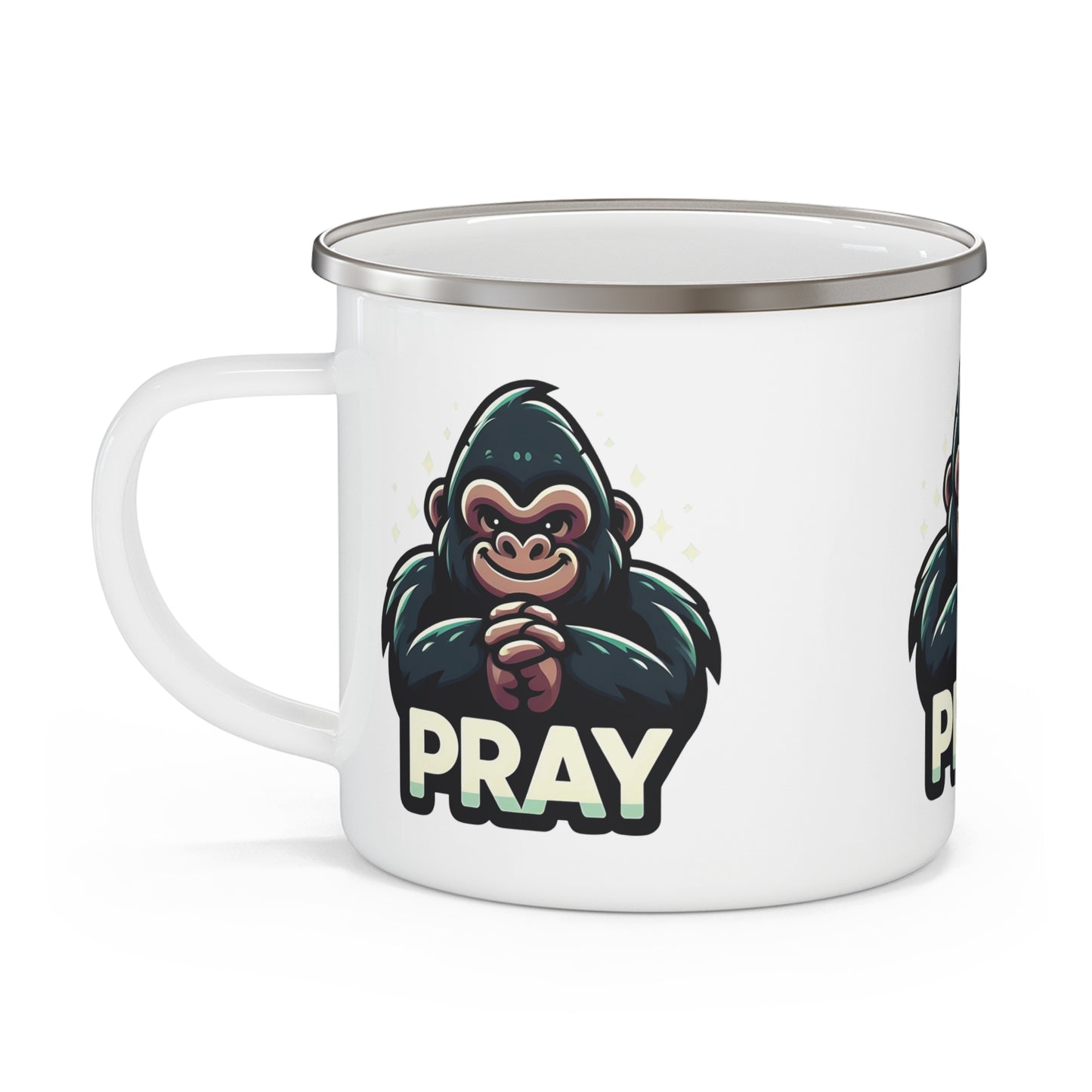 Motivational "Pray" Gorilla Enamel Camping Mug – Wildlife-Themed