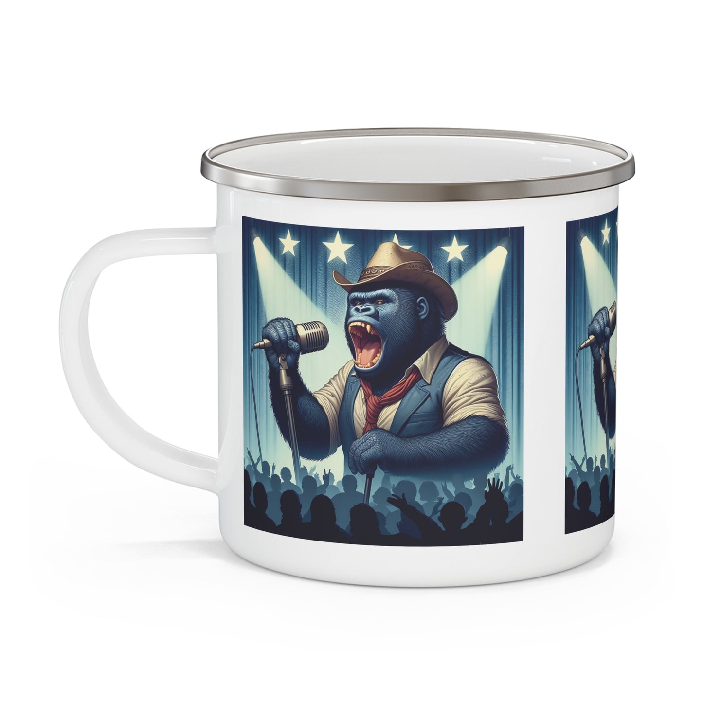 Gorilla Cowboy Singer Enamel Camping Mug - Country Music with a Wild Twist
