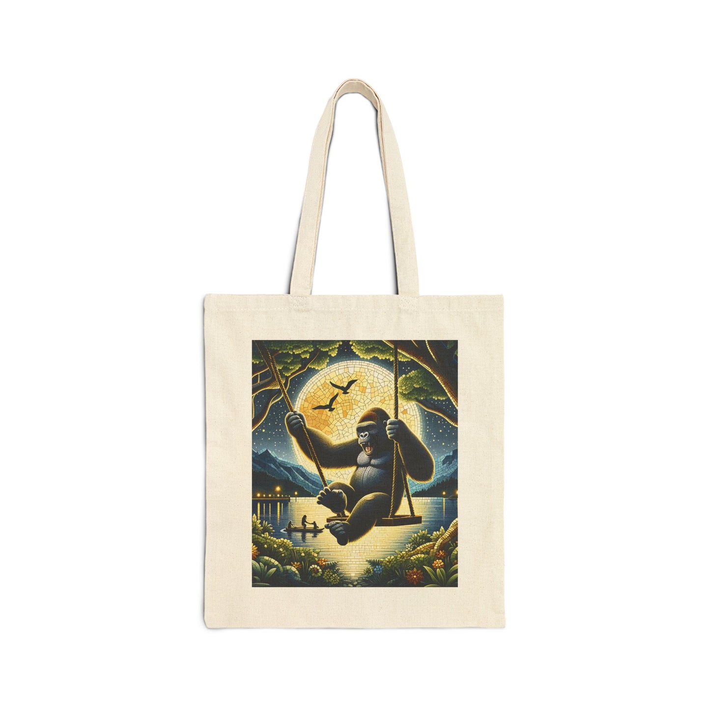 Embrace nature and artistic charm with our Eco-Friendly Canvas Tote Bag featuring a captivating mosaic-style illustration of a gorilla swinging under a full moon, reminiscent of human enjoyment under the night sky. BUY NOW and enjoy the perfect blend of functionality and aesthetic appeal! (SK Superb)