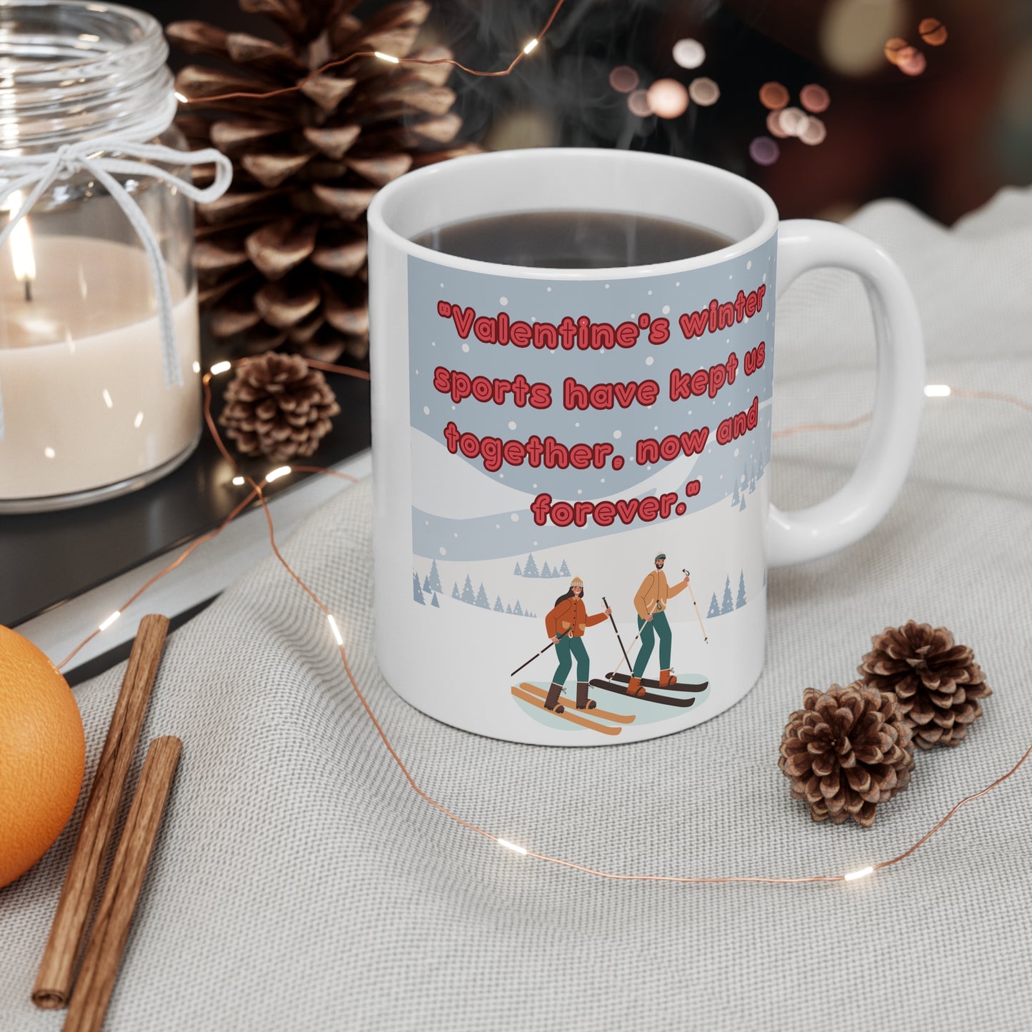 Valentine's Winter Sports Love 11oz Mug - Romantic Skiing Couple Design